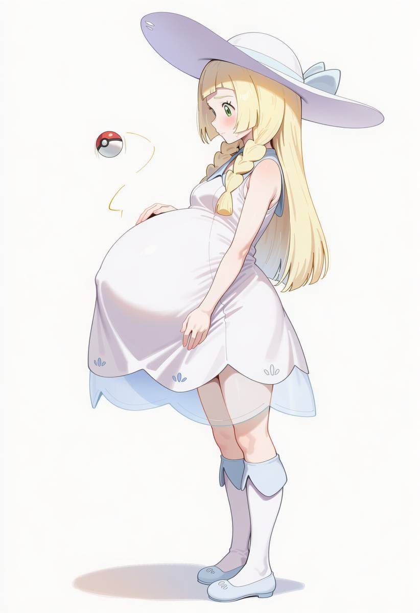 ai generated, blonde female, blonde hair, blonde hair female, blushing, blushing female, female, green eyes, green eyes female, hat, lillie (pokemon), looking at viewer, maternity clothes, maternity dress, pokemon, pokemon sm, pregnant, pregnant female, smiling at viewer, super belly, white dress