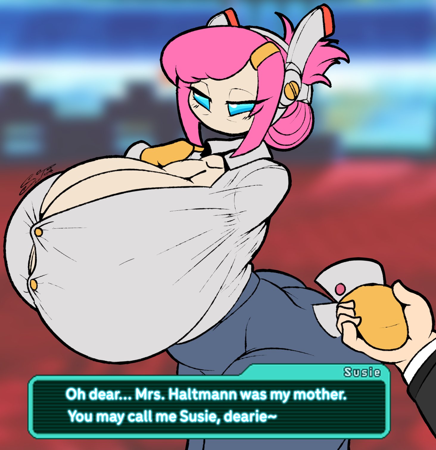 1girls, alien, alien girl, alien humanoid, blue eyes, blush, blush lines, blushing, breasts, breasts bigger than head, business suit, business woman, cleavage, english text, female, giant breasts, holding hands, huge breasts, kirby (series), kirby planet robobot, looking at viewer, pink hair, speaking to viewer, spintopple, susanna patrya haltmann, susie (kirby), text, viewer pov