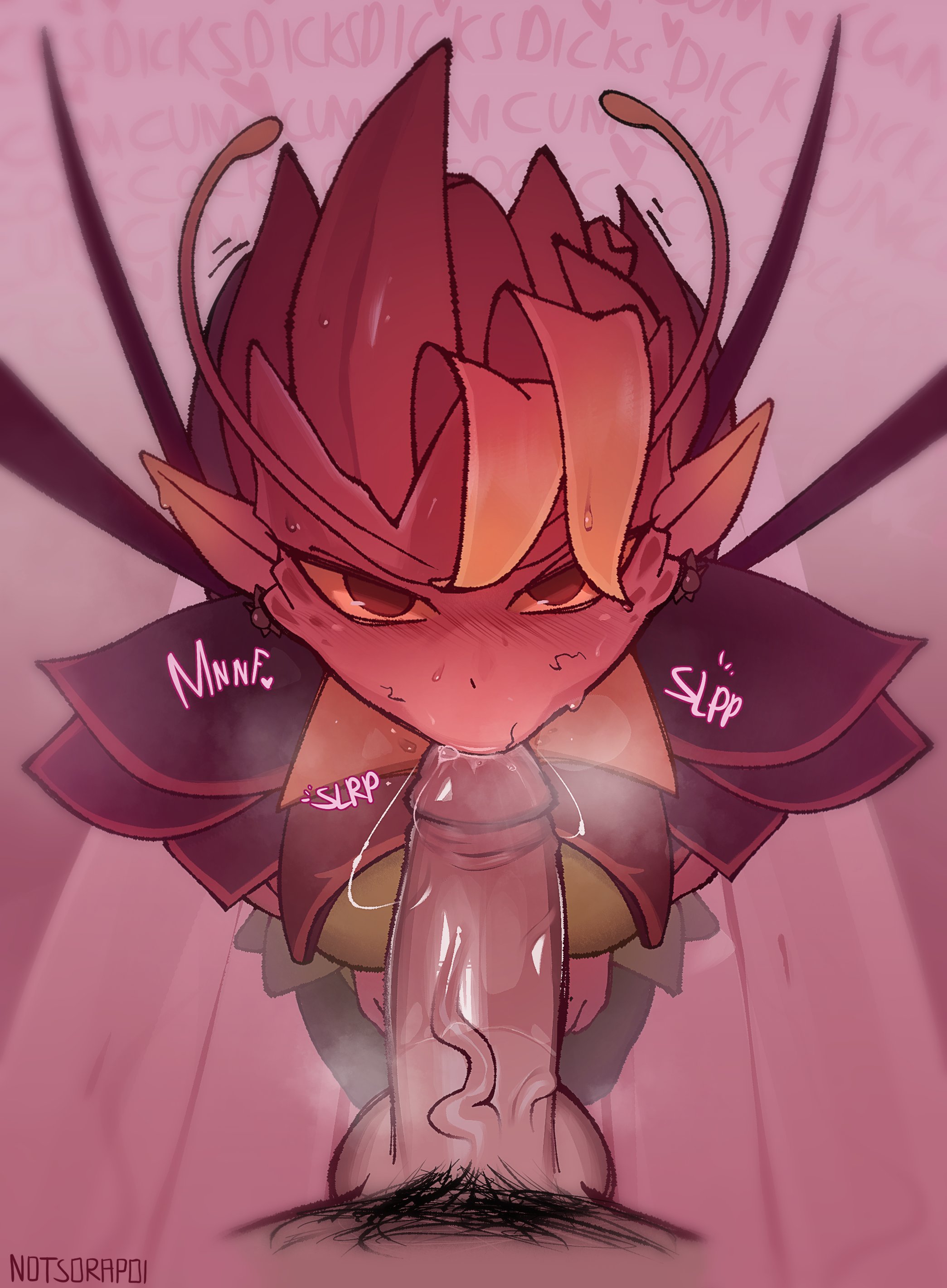 dark willow, dota 2, female, human, human penetrating, kneeling, looking at viewer, notsorapoi, oral, red eyes, red skin, saliva string, stray pubic hair, wings
