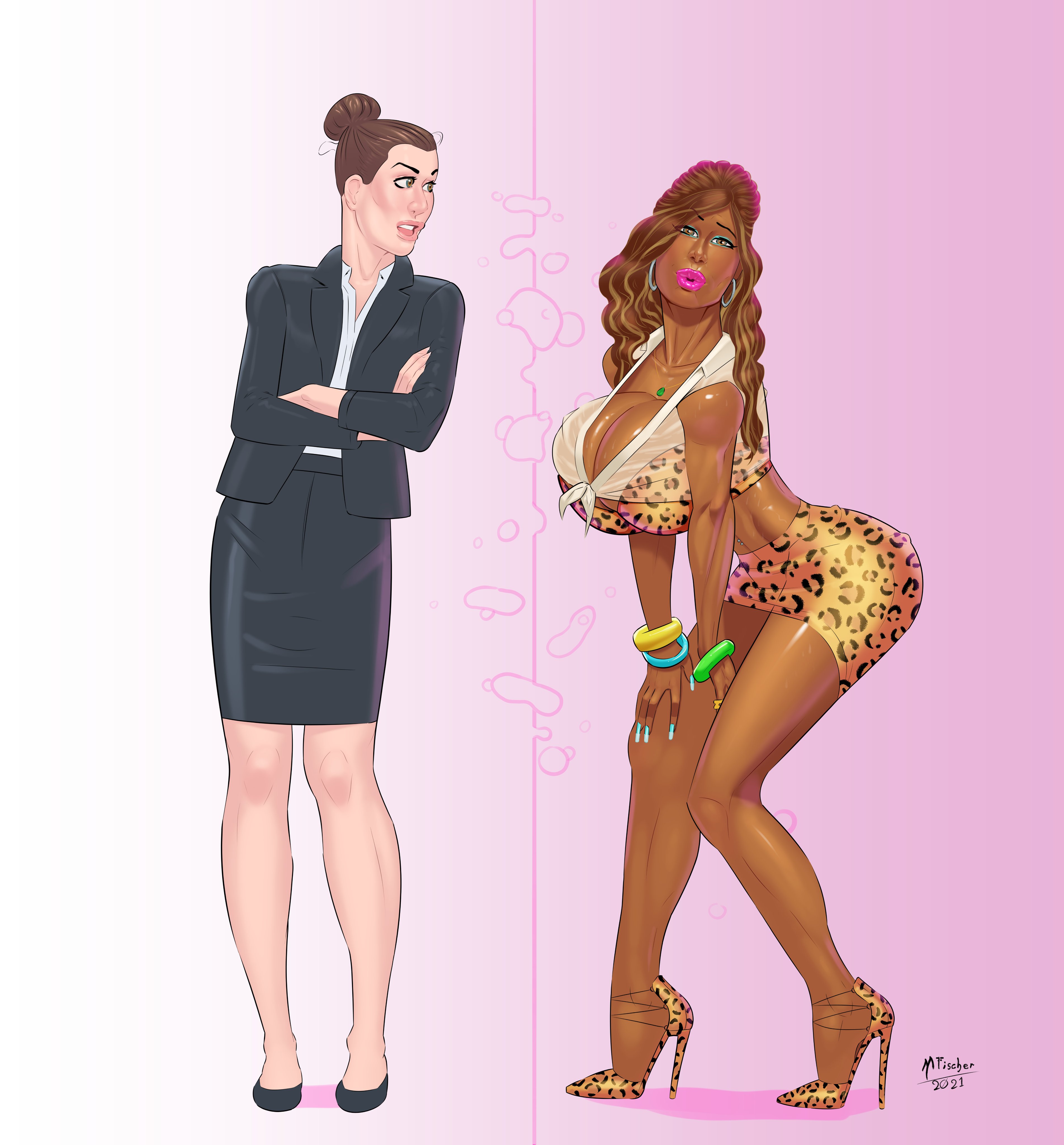 ass, bare midriff, big breasts, bikini, bimbo, bimbofication, black skirt, blazer, breasts, brown eyes, business suit, business woman, busty, cleavage, dark skin, dark-skinned female, earrings, evolution, eyeshadow, female, female focus, female only, hair bun, high heels, hourglass figure, large breasts, light skin, light-skinned female, lipstick, long fingernails, long hair, makeup, mascara, meinfischer, miniskirt, nail polish, navel, navel piercing, office lady, pencil skirt, piercing, pose, posing, shirt, skimpy, skimpy clothes, skirt, skirt suit, solo, standing, tan, thick lips, tied hair, tied shirt, tight skirt, white skirt, wide hips