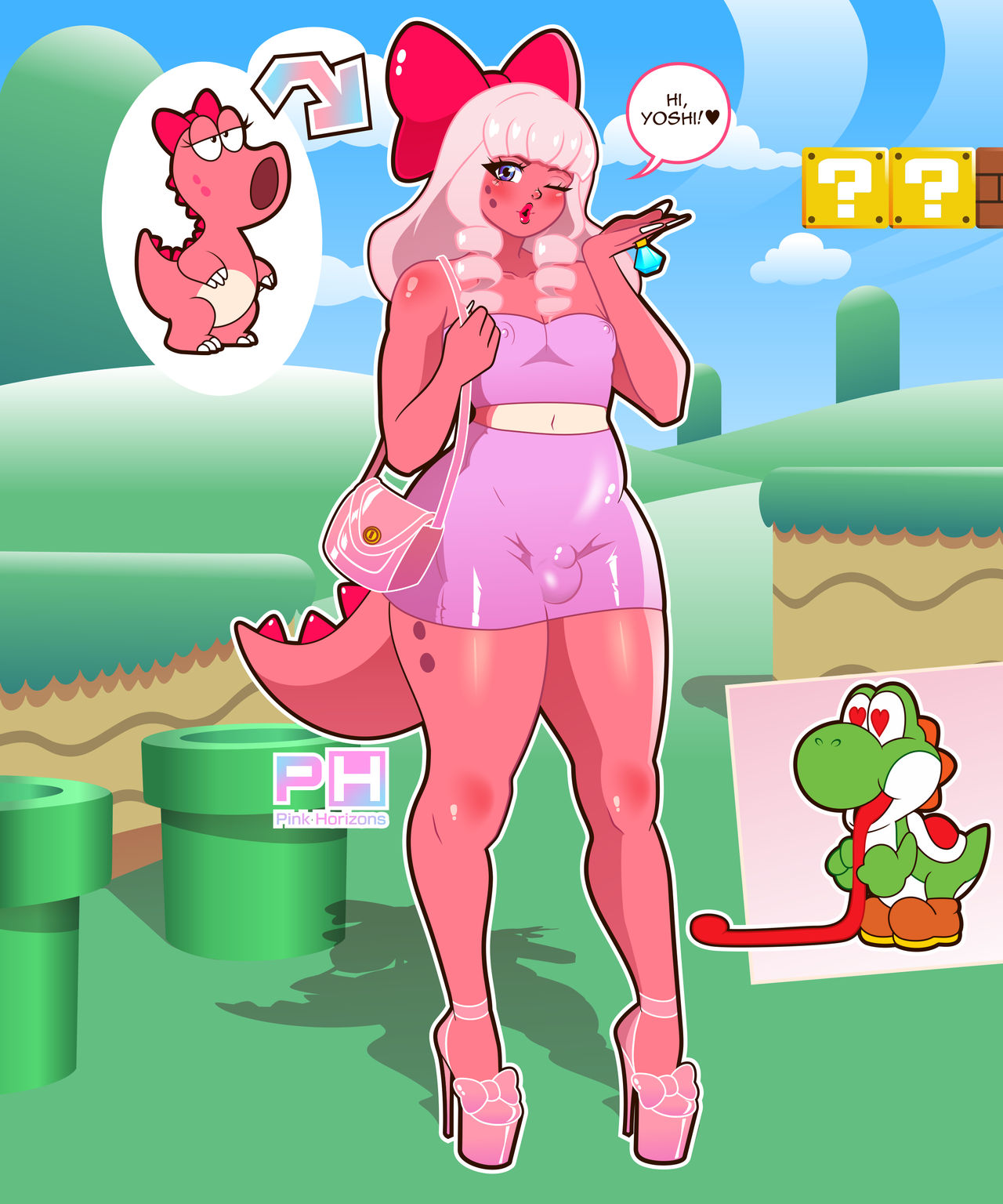 birdo, birdo (character), blush, bow, bulge, bulge through clothing, femboy, feminine, feminine body, feminine pose, heart eyes, high heels, lips, lipstick, mario (series), nintendo, nipple bulge, nipples, nipples visible through clothing, penis, penis bulge, pink footwear, pink hair, pink high heels, pink horizons, pink platform heels, pink skin, platform heels, pride colors, purse, ring, sissy, small penis, speech bubble, tongue, tongue out, trans woman, transgender, transgender pride colors, transgender woman, wink, winking, winking at viewer, yoshi