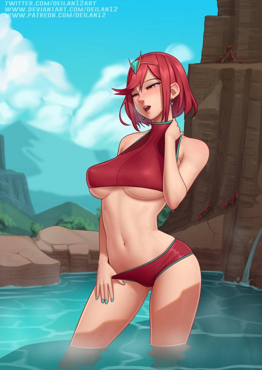 1girls, deilan12, female, nature, nintendo, outside, pyra, red eyes, red hair, solo, swimsuit, two piece swimsuit, water, xenoblade (series), xenoblade chronicles 2
