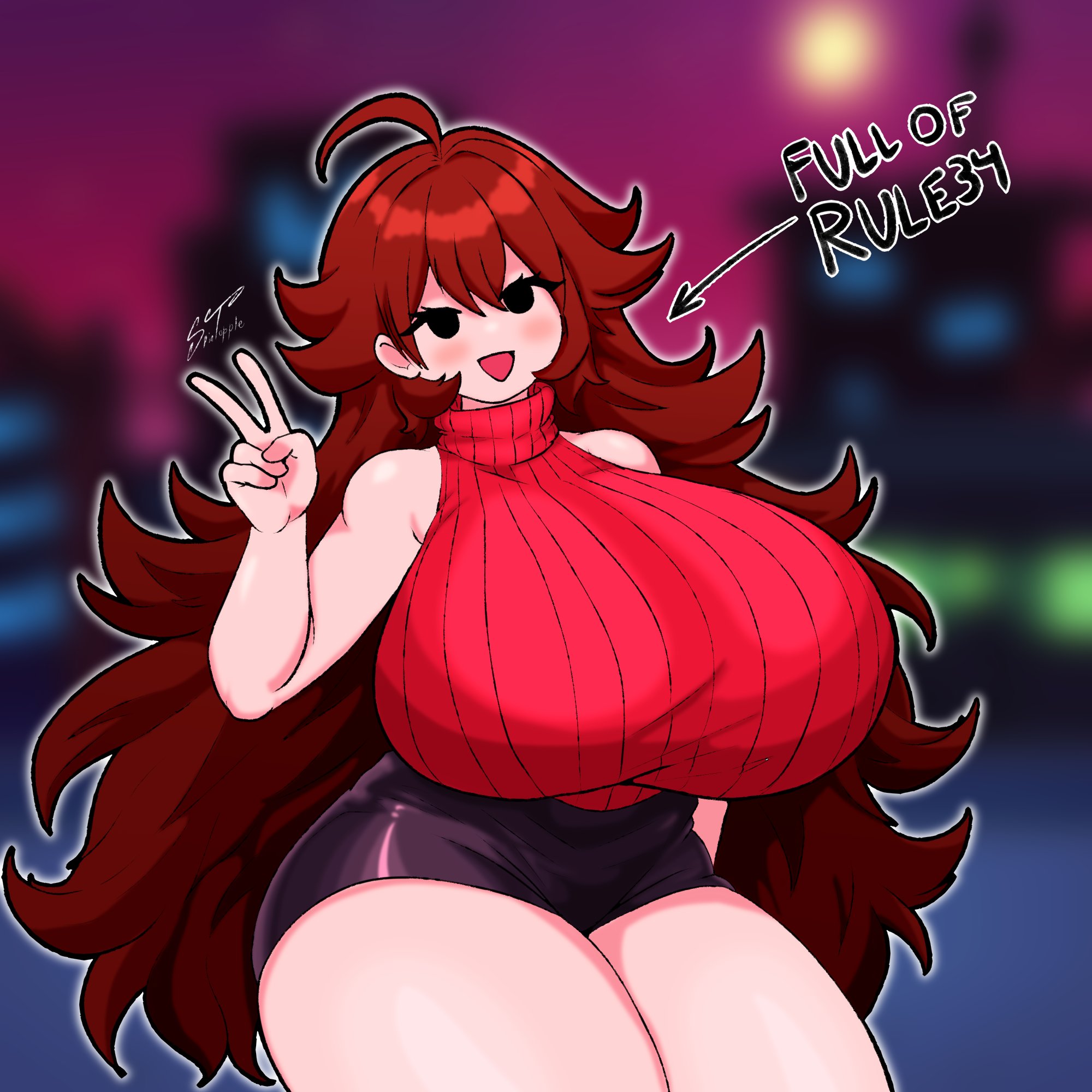 1girls, ahoge, arrow, arrow (symbol), auburn hair, background, black eyes, blurred background, breasts, english text, female, friday night funkin, girlfriend (friday night funkin), hair, huge breasts, long hair, mouth open, peace sign, red hair, simple eyes, spintopple, text, thick thighs, thighs