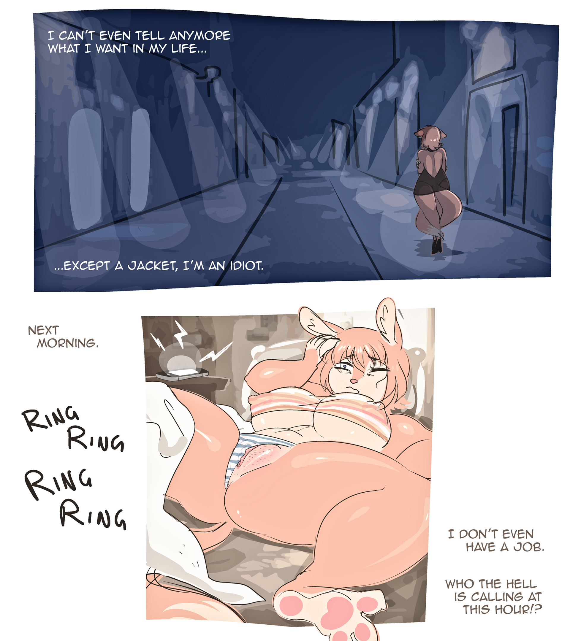 anthro, battle franky, blue eyes, breasts, canid, canine, cellphone, claws, clothed, clothing, comic, detailed background, dialogue, female, female only, ferra (battle franky), fox, fur, genitals, hair, nipple bulge, orange fur, orange hair, partially clothed, pubic stubble, pussy, sad, solo, two-tone fur