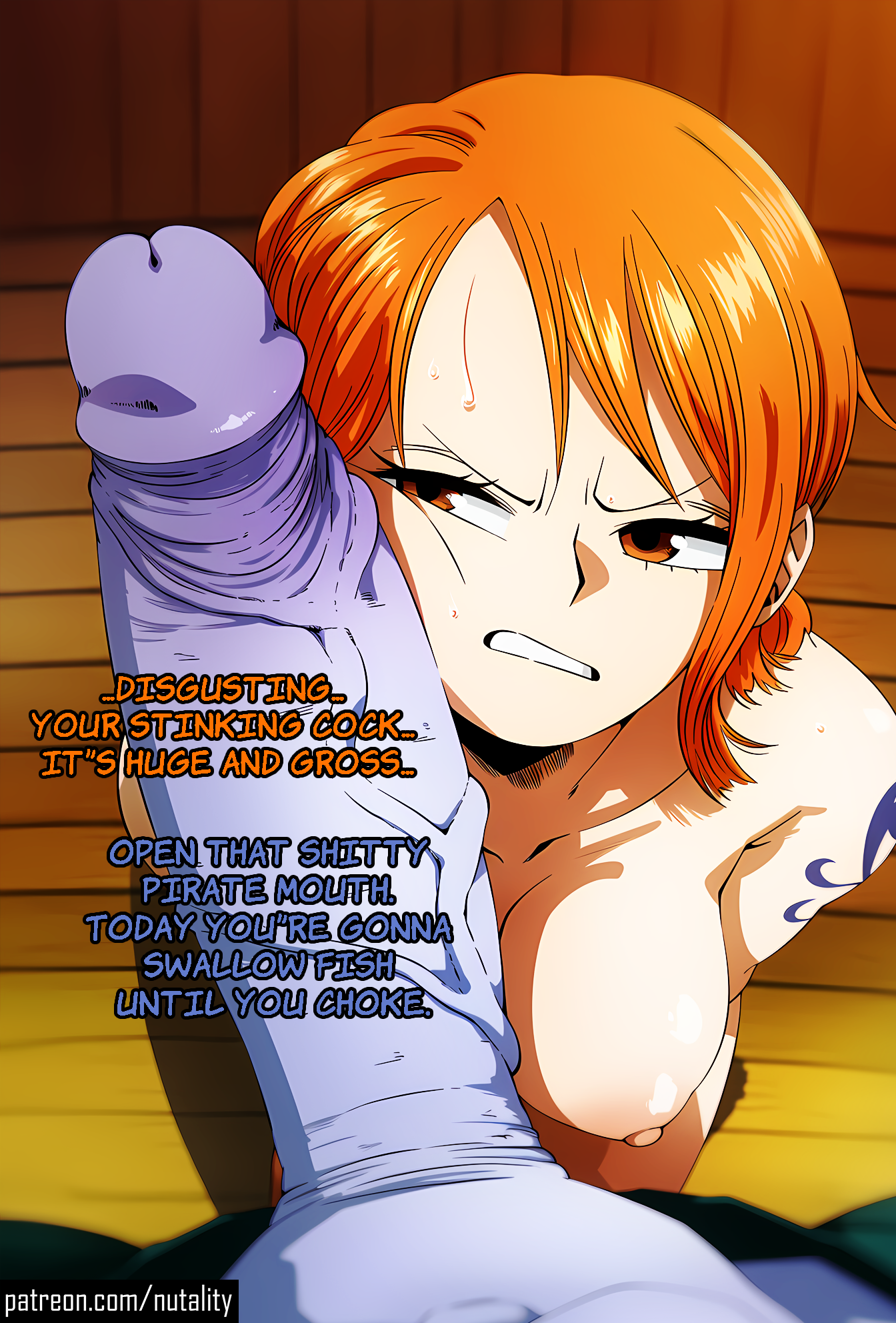 1boy, 1girl, 1girls, 2026, 2d, ai assisted, ai generated, annoyed, arlong, arm tattoo, big breasts, big penis, blue tattoo, blush, brat, breasts, brown eyes, comic, curvy, curvy body, curvy female, defeated, defeated heroine, disgusted, embarrassed, female, femsub, fishmen (one piece), hi res, highres, huge penis, human, humanoid, imminent oral, indoors, large breasts, looking at viewer, male, maledom, medium breasts, nami, nami (one piece), naughty, naughty face, naughty smile, nipples, nude, nutality, one piece, orange eyes, orange hair, orange text, orange theme, orange-haired female, patreon, patreon username, penis, penis awe, penis on face, pov, prostitute, prostitution, pubic hair, pussy, sauna, sexy, sexy body, sexy pose, short hair, sitting, solo, speech bubble, spread legs, steam, sweat, tattoo, tears, teasing, teenager, text, veiny penis, victorious villain, wooden background, young, younger female