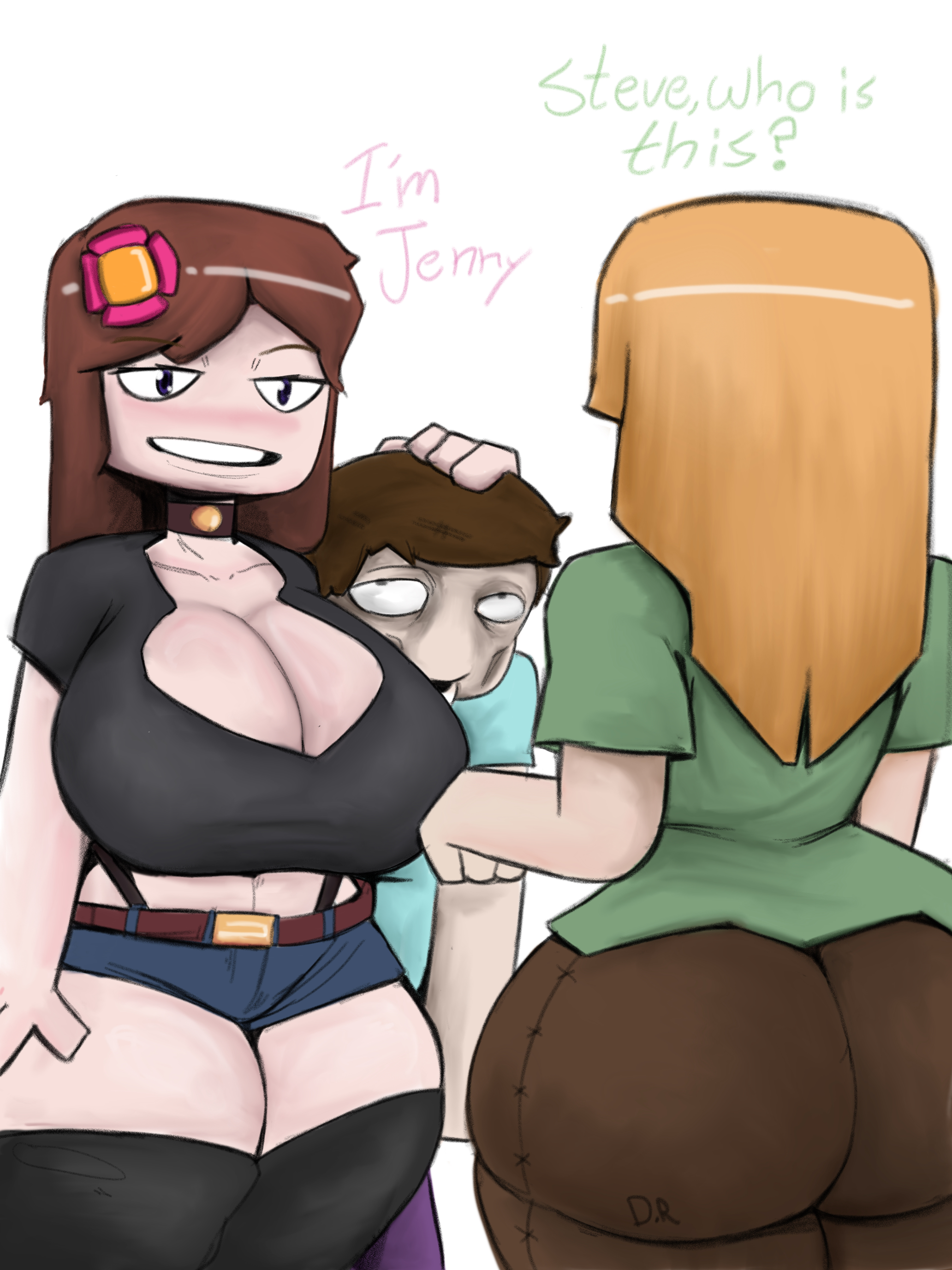 1boy, 2girls, alex (minecraft), ass, breasts, brown hair, choker, cleavage, english text, female, female focus, flower in hair, hips, jenny belle (slipperyt), large ass, large breasts, leggings, male, microsoft, minecraft, mojang, mrbrickeater, orange hair, short shorts, steve (minecraft), sucked dry, text, thick thighs, thighs, wide hips
