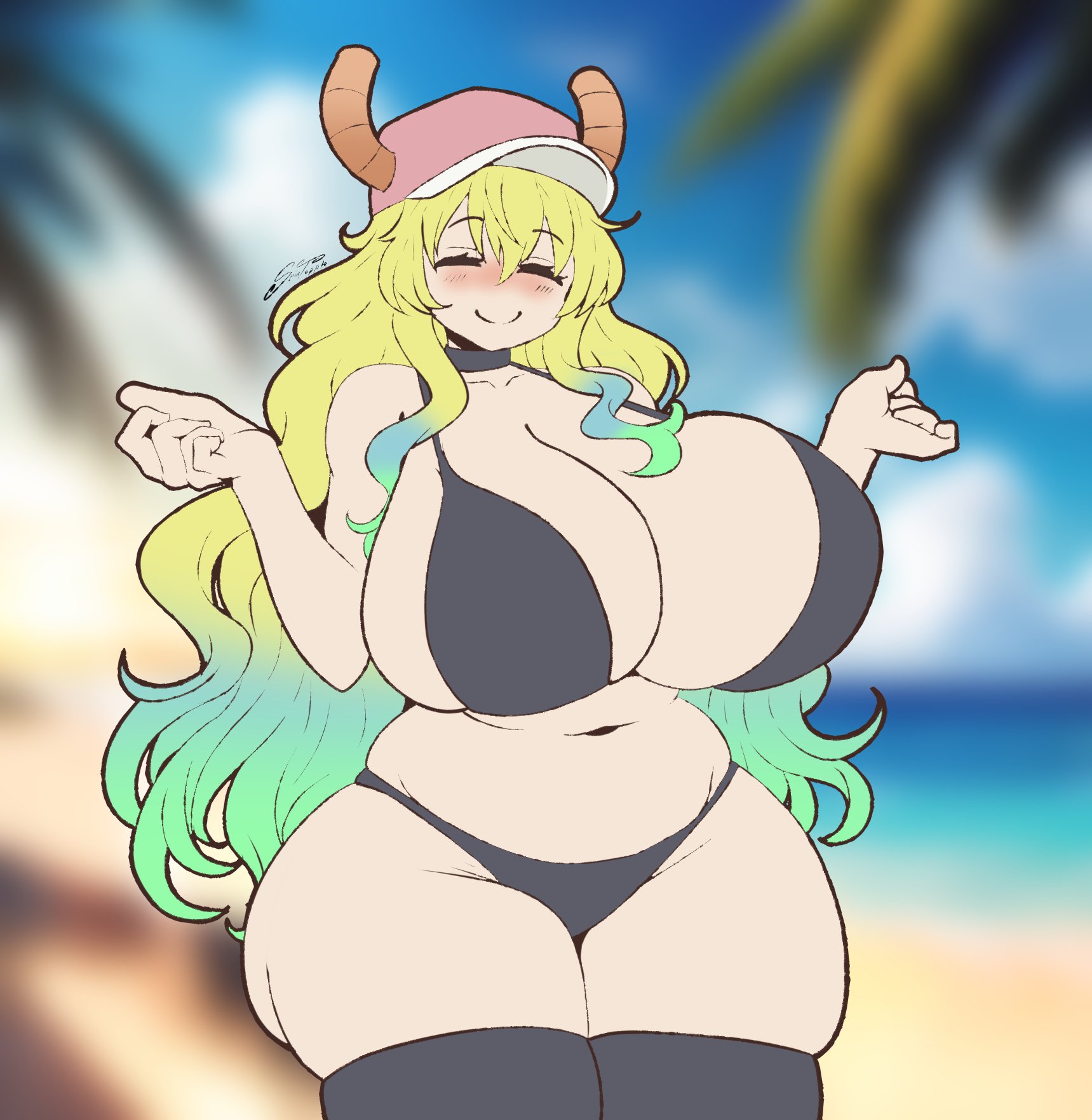 1girls, background, beach, beach background, bikini, blurred background, blush, blushing, breasts, breasts bigger than head, dragon, dragon girl, eyes closed, female, hair, hat, horns, huge breasts, kobayashi-san chi no maidragon, lucoa, lucoa (maidragon), miss kobayashi's dragon maid, multicolored hair, quetzalcoatl (dragon maid), smile, spintopple, thick thighs, thighhighs, thighs