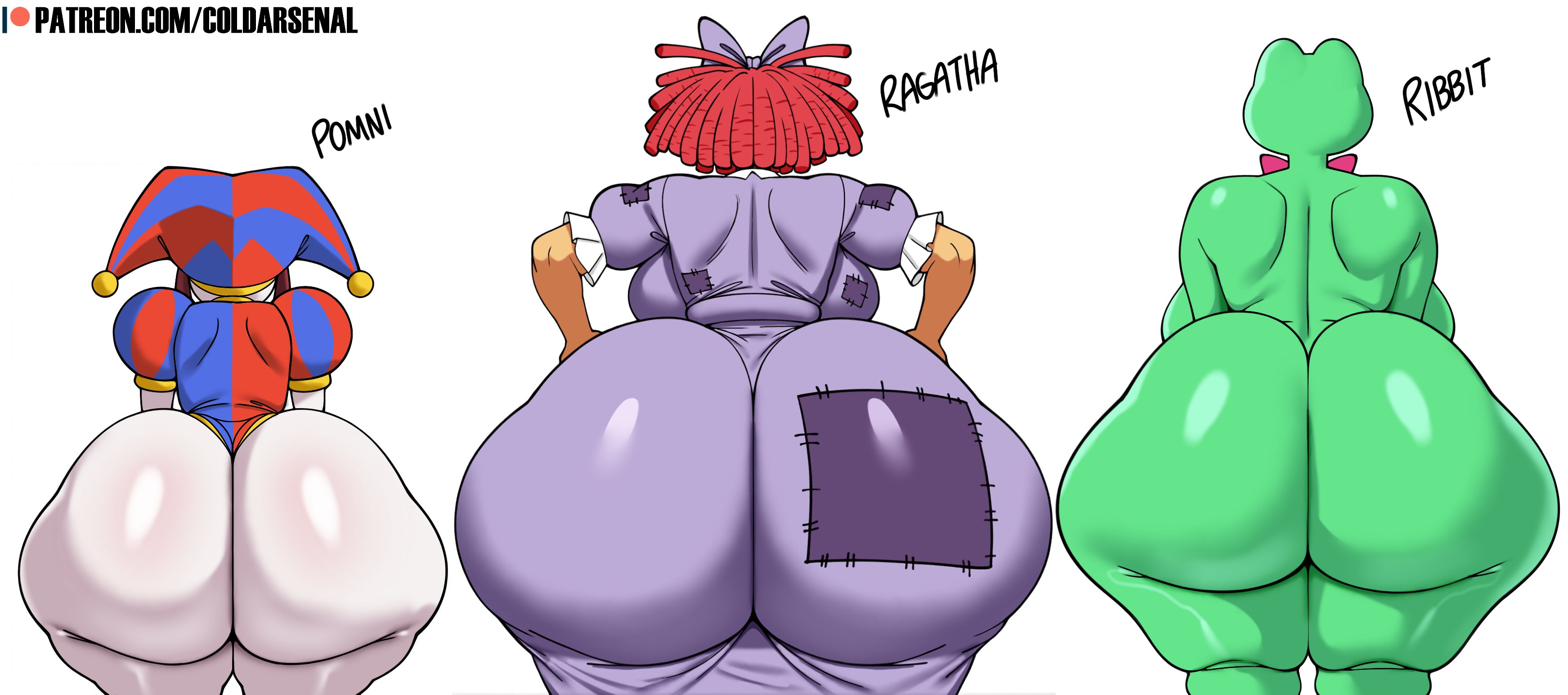 3girls, absurd res, anthro, anthrofied, ass, ass chart, ass focus, back view, backboob, big ass, big breasts, bottom heavy, bottomless, bowtie, breasts, breasts bigger than head, brown hair, bubble ass, bubble butt, busty, chart, clothed, clothing, coldarsenal, curvaceous, curvy, curvy female, curvy figure, digital media (artwork), doll, dumptruck ass, english text, fat ass, female, female focus, female only, frog, fur, furry, gigantic ass, glistening, glistening body, glitch productions, green skin, grey body, hi res, hourglass figure, huge ass, hyper ass, jester, large ass, leotard, light skin, light-skinned female, mammal, massive ass, motion lines, oversized ass, oversized butt, plapbait, plump, pomni (the amazing digital circus), ragatha (the amazing digital circus), red hair, ribbit (the amazing digital circus), size difference, text, the amazing digital circus, thick thighs, twitter link, voluptuous, voluptuous female, white body, white skin, wide hips, wobble meat