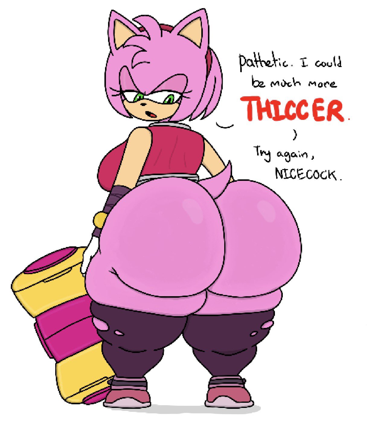 1girls, 2026, 2d, 2d (artwork), 2d artwork, amy rose, amy rose (boom), anthro, ass, ass bigger than head, ass focus, big ass, clothed, clothed female, dialog, dialogue, digital art, digital drawing (artwork), digital media (artwork), english text, fat ass, female, full body, furry, furry female, green eyes, hammer, hedgehog, hedgehog girl, huge ass, leggings, looking back, mobian, mobian (species), pink fur, sega, solo, sonic (series), sonic boom, sonic the hedgehog (series), tagme, text, theslashfive