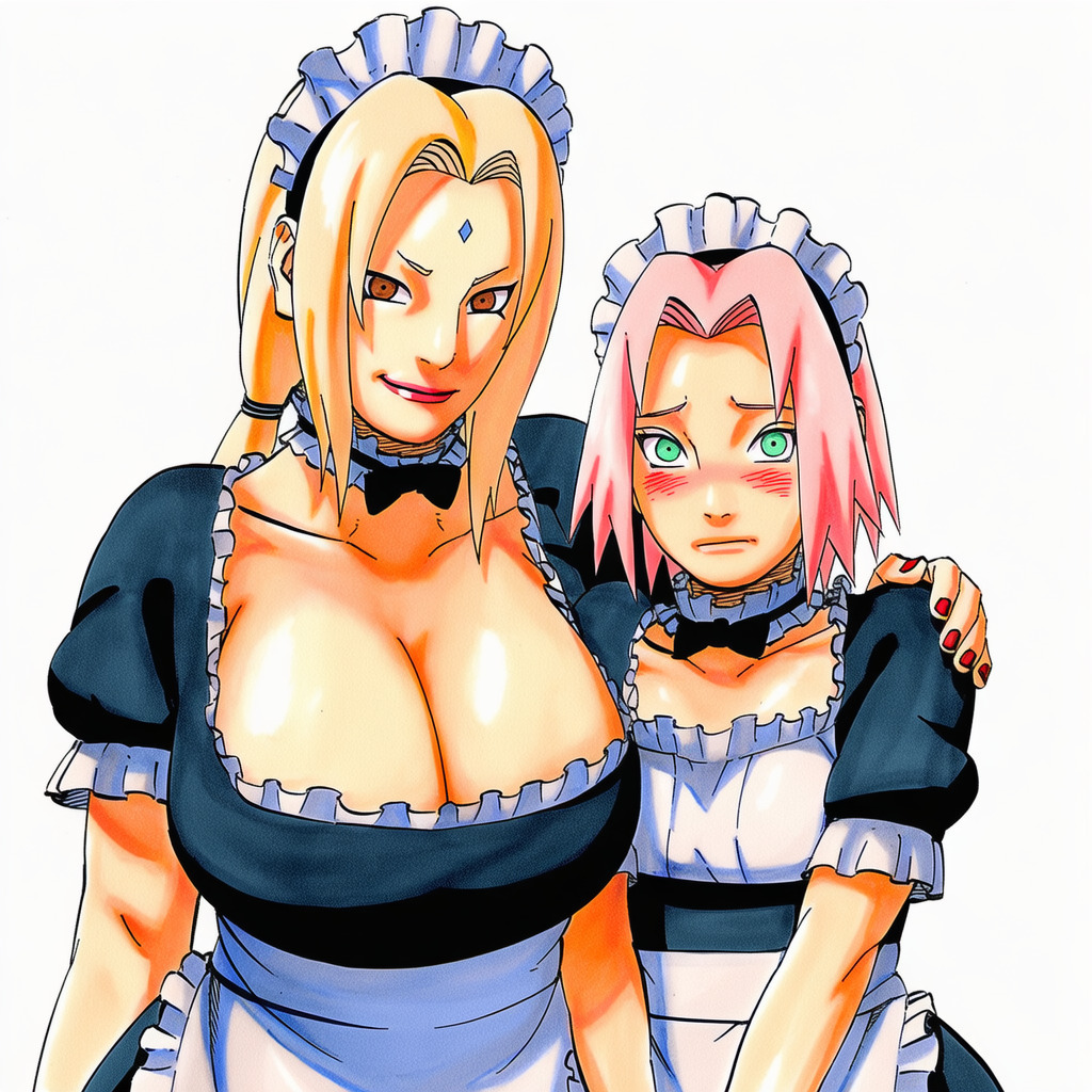 2girls accurate_art_style accurate_body_type accurate_proportions ai_generated big_breasts blush_lines blushing large_breasts maid maid_headdress maid_outfit maid_uniform manga_style masashi_kishimoto_style naruto naruto_(series) sakura_haruno tsunade