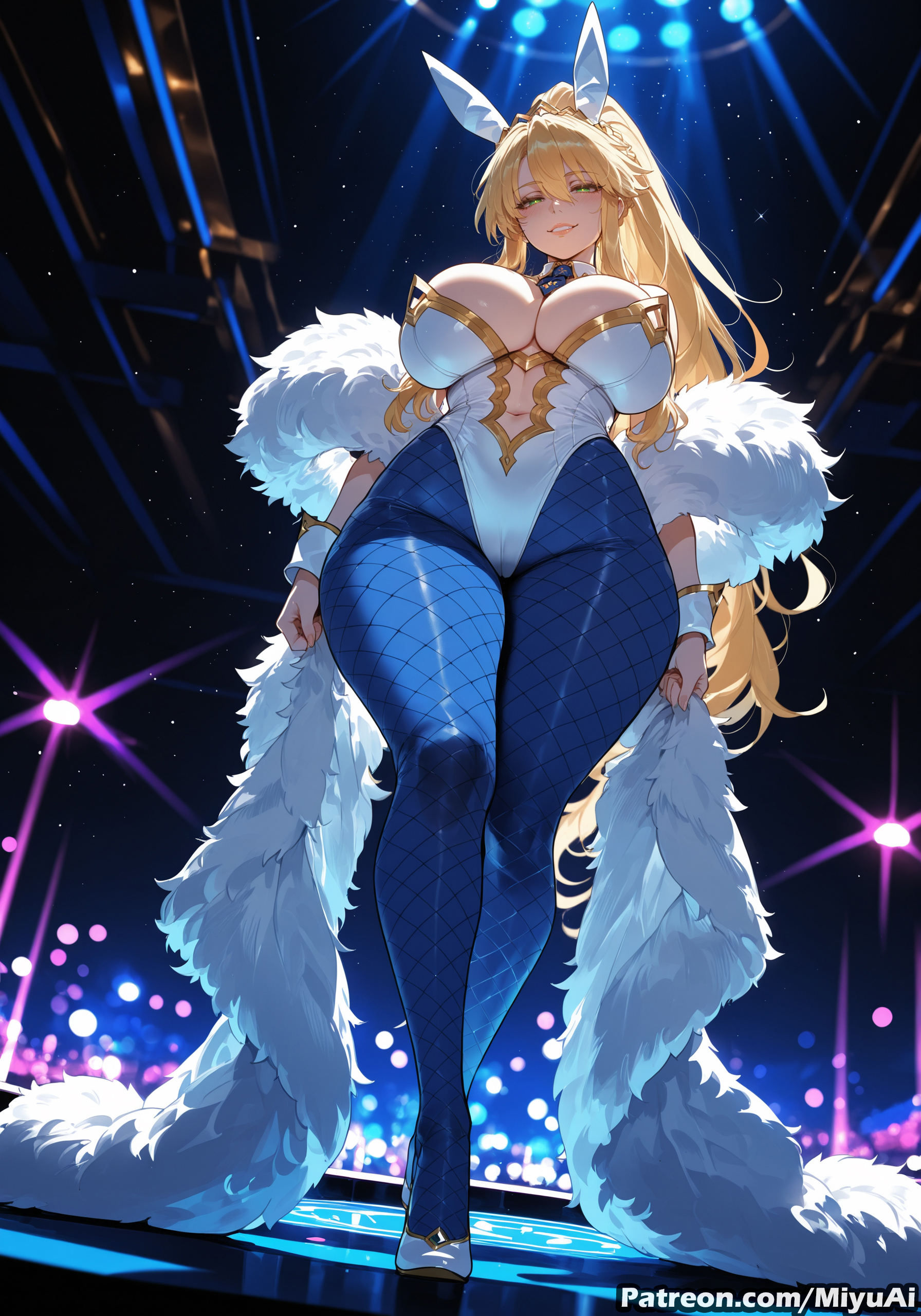 1girl, ahoge, ai assisted, ai generated, animal ears, artoria pendragon (all), artoria pendragon (fate), artoria pendragon (swimsuit ruler), artoria pendragon (swimsuit ruler) (fate), bangs, bare shoulders, blonde hair, blue legwear, blue neckwear, blush, braid, breasts, bunny ears, bunnysuit, cleavage, curvaceous, curvy, curvy female, curvy figure, detached collar, fate (series), feather boa, female, fishnet legwear, fishnets, french braid, green eyes, hair between eyes, high heels, highleg, highleg leotard, large breasts, leotard, long hair, looking at viewer, miyuai, navel, navel cutout, necktie, pantyhose, ponytail, smile, solo, strapless, thick, thick ass, thick butt, thick hips, thick legs, thick thighs, thigh strap, thighs, torn legwear, voluptuous, voluptuous female, white footwear, white leotard, wide hips, wide thighs, wrist cuffs, yellow eyes