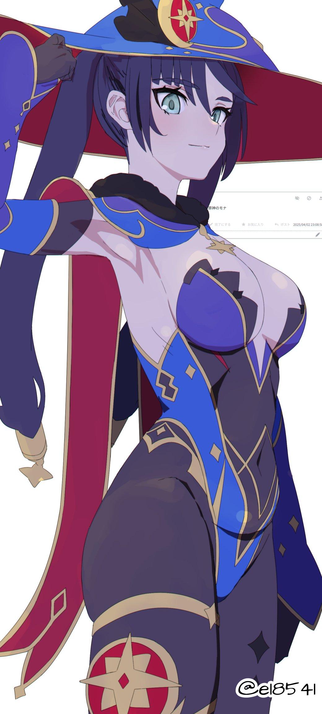 1girls, 2d, 2d (artwork), 2d artwork, adult, adult female, alternate body type, alternate breast size, alternate breast size (larger), armpit, armpit crease, armpit peek, armpits, background, belly, belly button, big breasts, black hair, black legwear, black pantyhose, black-haired female, blank background, breasts, busty, busty female, busty girl, closed mouth smile, collarbone, dark hair, digital, digital art, digital drawing, digital drawing (artwork), digital media, digital media (artwork), drawing, elbows, female, female focus, female only, fingers, game character, genshin impact, green eyes, green-eyed female, groin, hair between eyes, hairless armpits, hat, inframammary fold, inguinal crease, inguinal ligament, large breasts, lean figure, legwear, light smile, long hair, looking down, looking down at viewer, mature, mature female, mature woman, midriff, mona (genshin impact), monotone background, narrow waist, navel, one color background, pantyhose, plain background, portrait, presenting armpit, shaved armpits, shoulders, sideboob, slender body, slender waist, slight smile, slim female, slim waist, smile, smiley face, smiling, smiling at viewer, solid color background, solo, standing, thighband, thighs, underboob, upper body, video game, video game character, video games, white background, wide hips, witch hat, woman