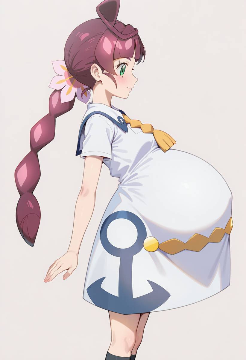 chloe (pokemon), enjoying pregnancy, female, female only, green eyes, green eyes female, pink hair, pink hair female, pokemon, pokemon (anime), pokemon journeys, pregnant, pregnant belly, pregnant female, pregnant focus, solo, solo female, solo focus, super belly