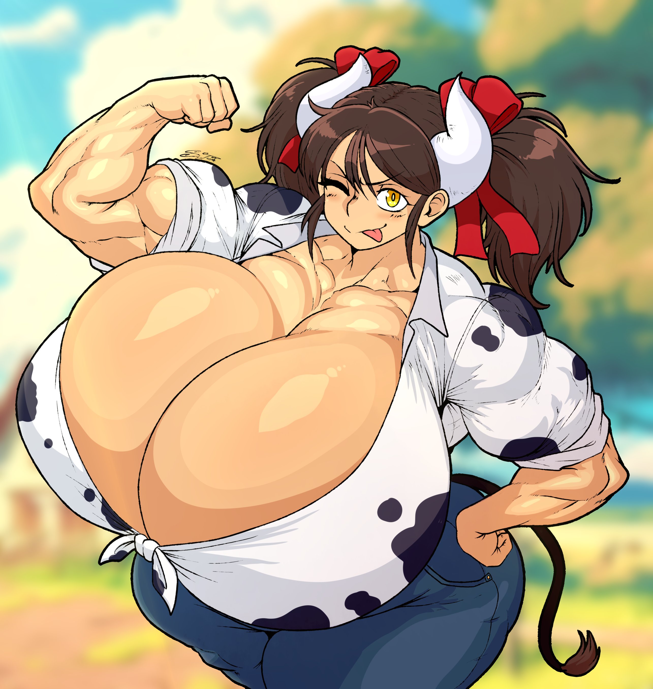 1girls, background, blurred background, breasts, breasts bigger than head, brown hair, cleavage, cow horns, cow print, cow tail, female, flexing, flexing arm, flexing bicep, gigantic breasts, horns, hyper, hyper breasts, jeans, massive breasts, muscles, muscular, muscular female, one eye closed, spintopple, sukimi (hataraki ari), tail, tongue, tongue out, yellow eyes