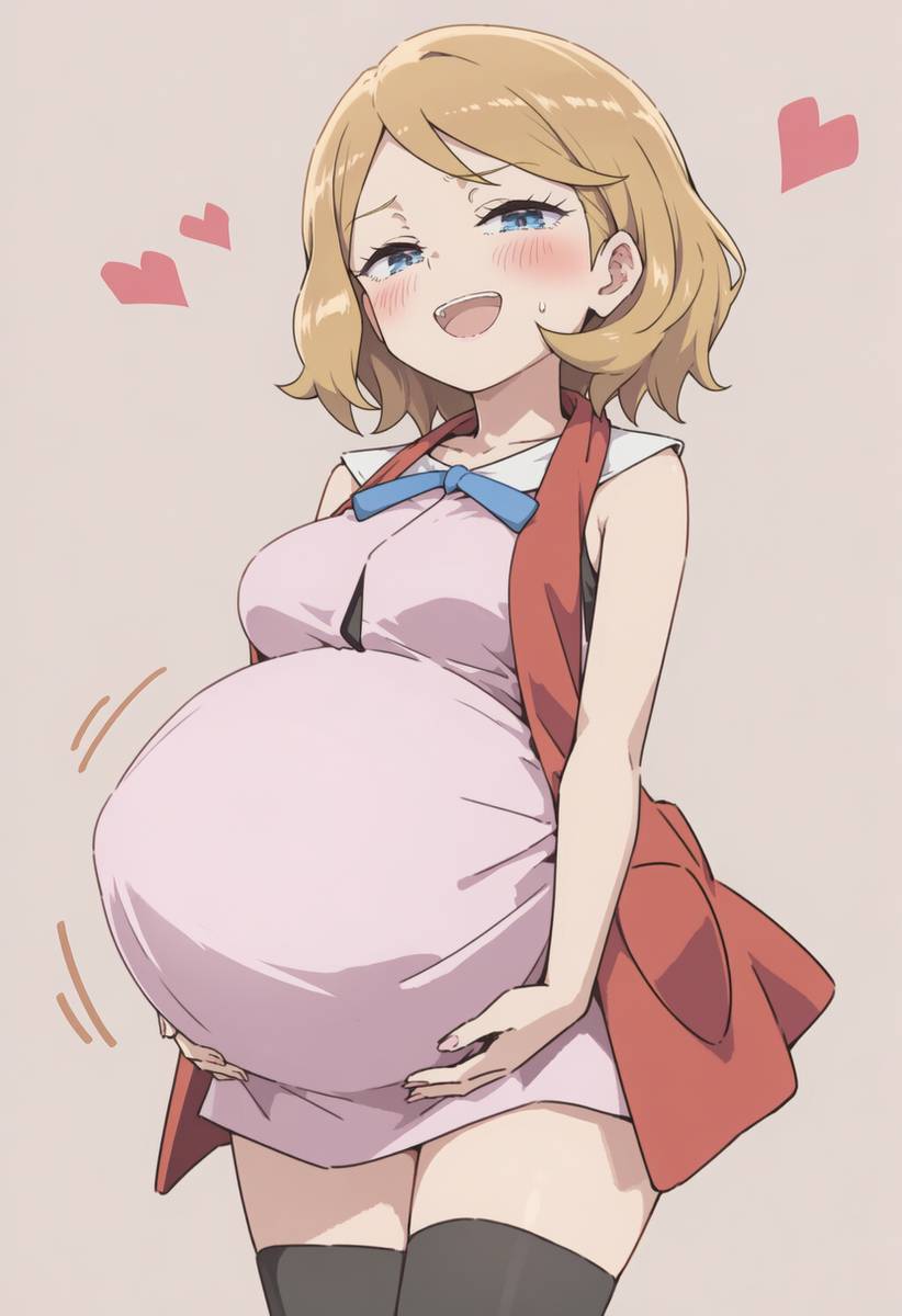 blue eyes, brown hair, brunette, enjoying pregnancy, female, holding pregnant belly, looking at viewer, pokemon, pokemon protagonist, pokemon xy, pregnant, pregnant belly, pregnant female, serena (pokemon)