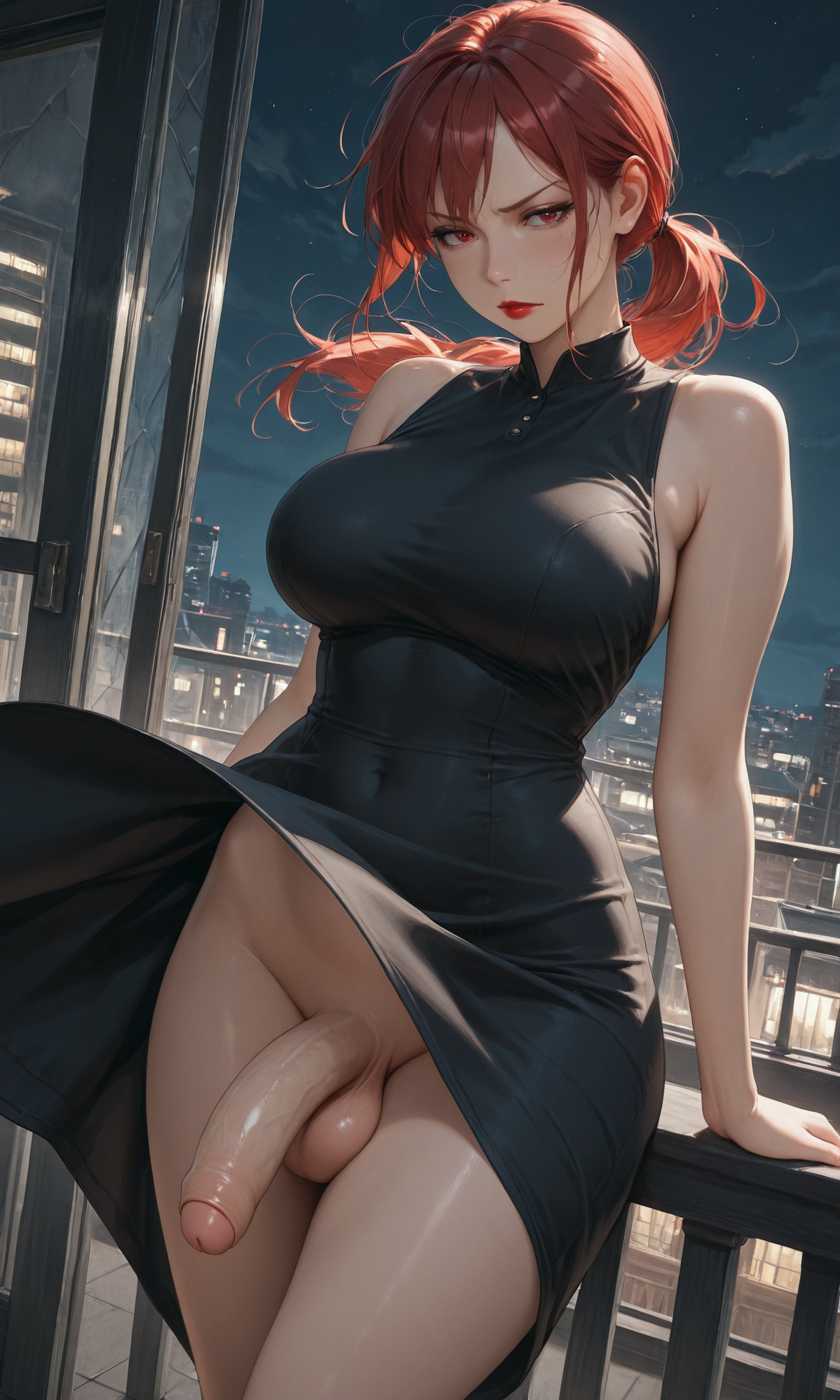 1futa, ai generated, balls, big breasts, big penis, black dress, breasts, dickgirl, dress, dress lift, evening lady (jamesbron), female, flaccid, foreskin, futa only, futanari, intersex, jamesbron, large breasts, large penis, long hair, looking at viewer, no panties, penis, ponytail, red eyes, red hair, sleeveless dress, solo, solo futa, standing, thighs, uncircumcised, wide hips, wind, wind lift