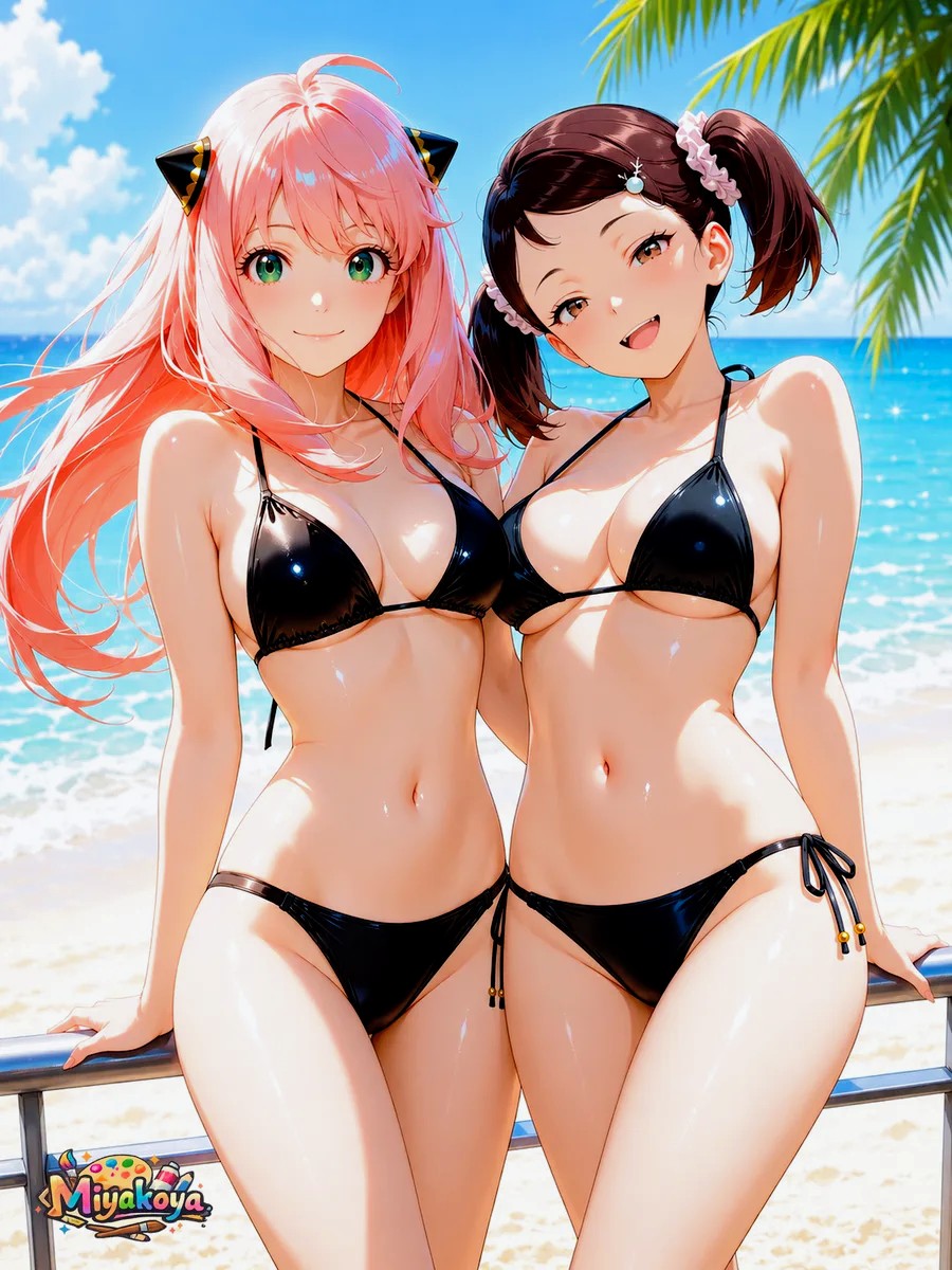2girls, aged up, ai generated, anya forger, beach, becky blackbell, bikini, blue sky, breasts, brown eyes, brown hair, green eyes, looking at viewer, outdoors, pink hair, spy x family, tagme