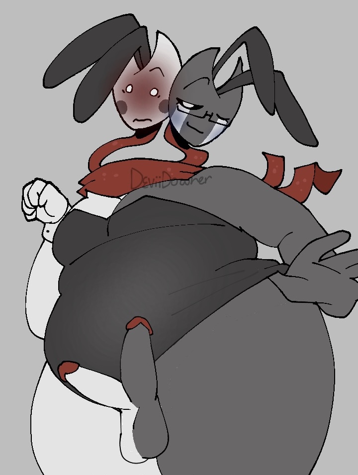 bunnysuit, dandy's world, flustered, looking at viewer, multi genitalia, pokerjokerful, pulling clothing, razzle and dazzle (dandy's world), roblox, wink, winking at viewer
