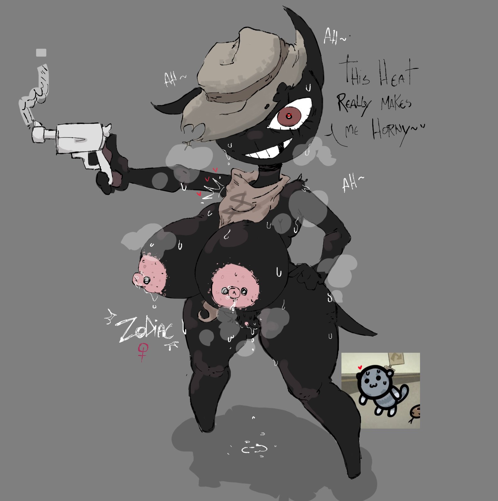 anthro, areola, big breasts, black body, black fur, bodily fluids, breasts, clothing, cowboy hat, crossgender, dialogue, dibujobienraro, domestic cat, featureless feet, feet, felid, feline, felis, female, firearm, front view, fur, genital fluids, genitals, grey background, gun, hand on hip, handgun, hat, headgear, headwear, hi res, holding gun, holding object, holding ranged weapon, holding weapon, huge breasts, looking at viewer, mammal, mewgenics, missing tooth, nipple piercing, nipples, nude, piercing, pink areola, pink nipples, ranged weapon, red eyes, revolver, scarf, simple background, smile, solo, sweat, text, thick thighs, vaginal fluids, vulva, weapon, wide hips, zodiac (mewgenics)