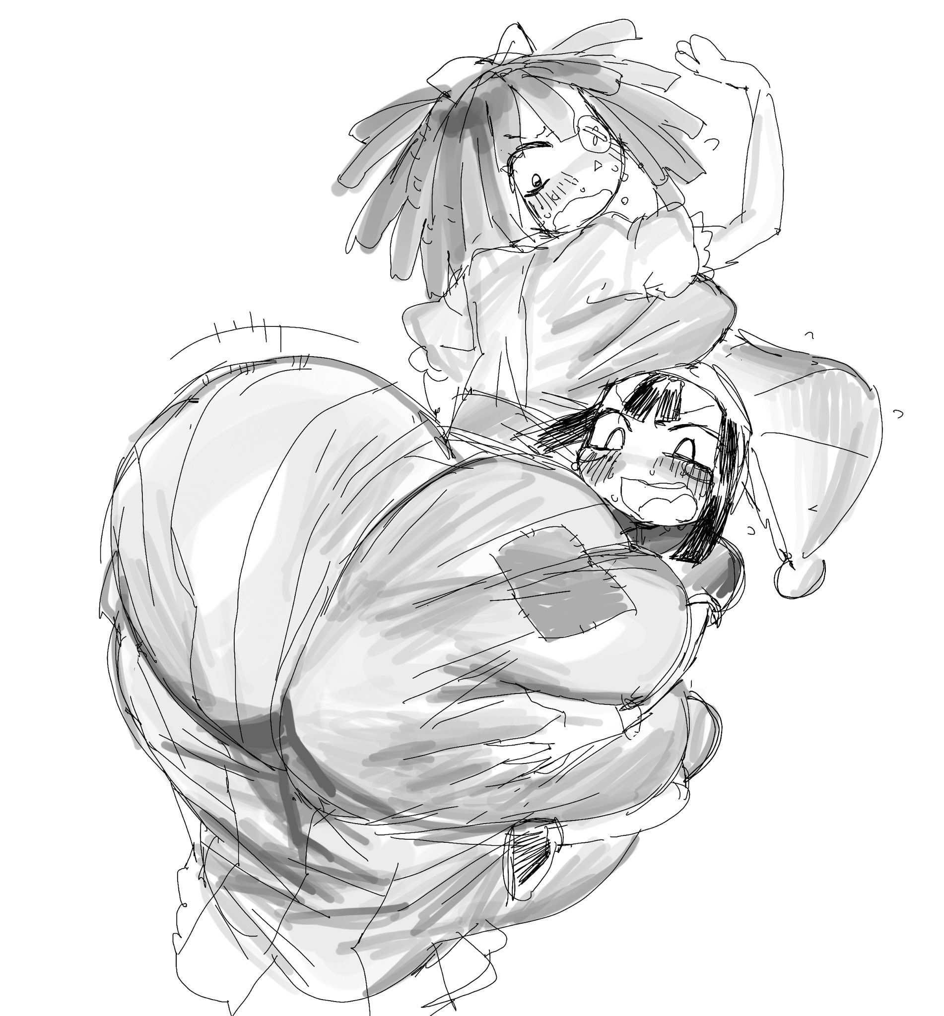 2girls, ass bigger than head, ass grab, big ass, blush, bottom heavy, bowlboxer, female/female, groping ass, huge ass, khentaiu, looking back, massive ass, pomni (the amazing digital circus), ragatha (the amazing digital circus), the amazing digital circus, yuri