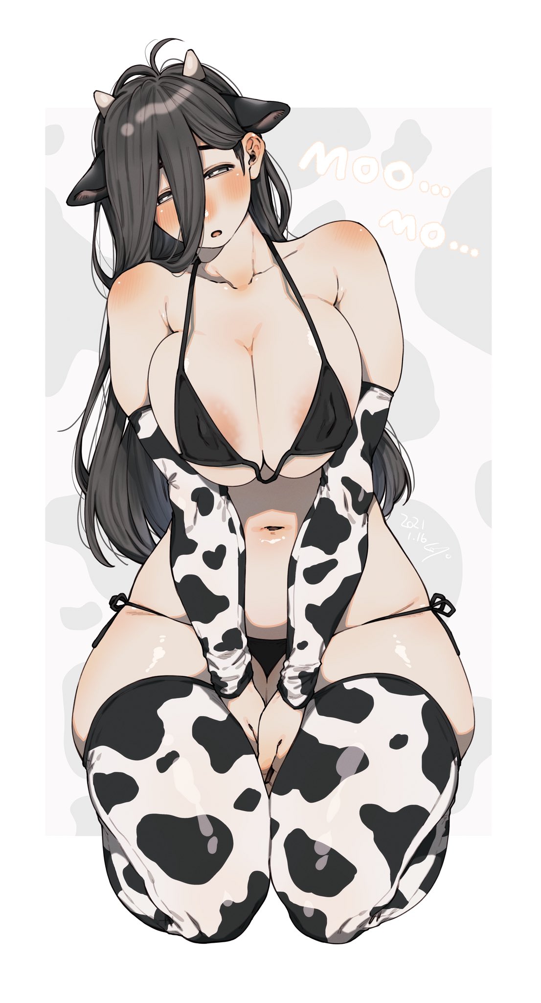 ass, big ass, big breasts, blush, bovine, breasts, cow print, embarrassed, female, hips, nipples, shy, thick thighs, thighs, wide hips