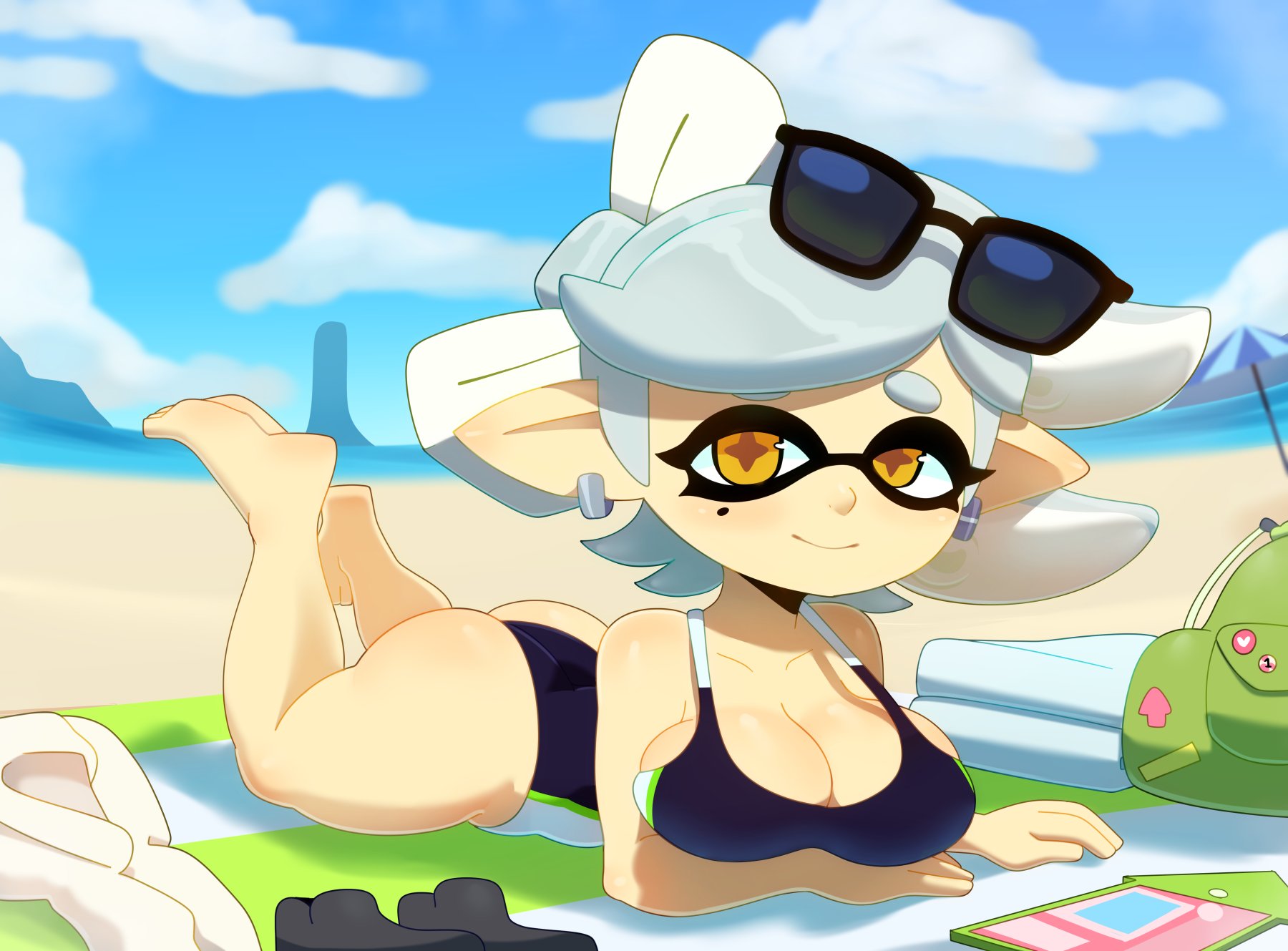 1girls, ass, big ass, big breasts, breasts, cleavage, female, female only, inkling, large breasts, marie (splatoon), one-piece swimsuit, solo, somescrub, splatoon, splatoon 2, swimsuit, thick thighs, wide hips