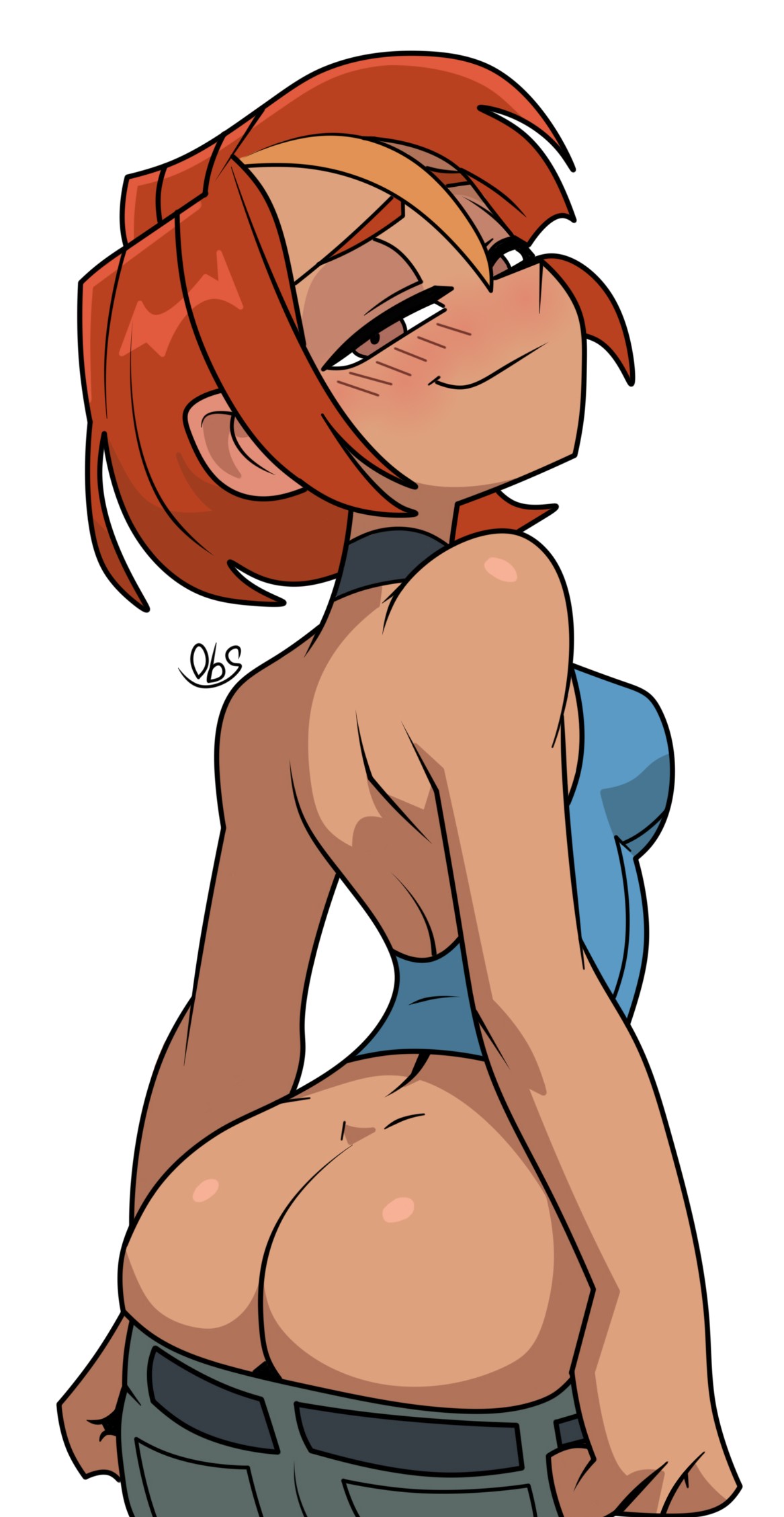 1girl, ass, ass cleavage, ass crack, ass focus, bare ass, bare butt, big ass, butt, butterfly (planetronika), cute, cute ass, cute butt, female, large ass, mooning, pants down, pants pull, planetronika, redhead, redhead female, short hair, showing ass, small breasts, solo female, tan skin