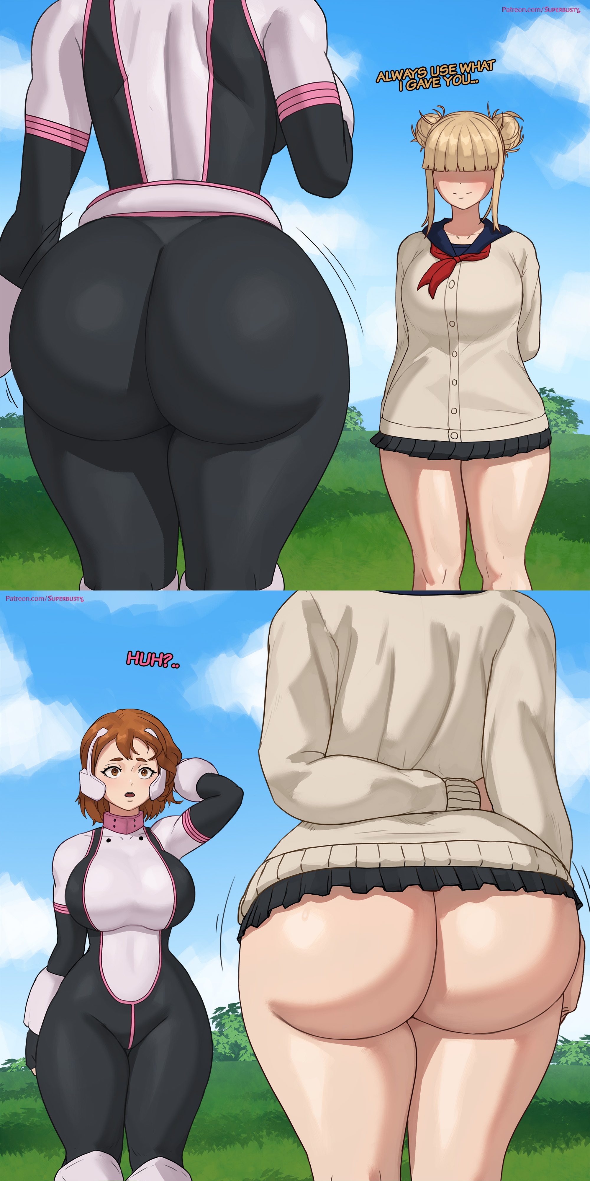2girls, ass, ass focus, ass hanging out, ass hanging out of skirt, beltskirt, big ass, big breasts, boku no hero academia, boku no hero academia (finale), breasts, brown hair, bubble butt, canon, clothing, duo, fat ass, female, female only, gluteal fold, hero outfit (mha), himiko toga, huge ass, huge breasts, large ass, light-skinned female, massive ass, microskirt, multiple girls, my hero academia, my hero academia (finale), no panties, ochako uraraka, post-timeskip, shounen jump, side view, skirt, superbusty, thick ass, thick thighs, thunder thighs, toga himiko, uraraka ochaco, uraraka ochako, wide hips