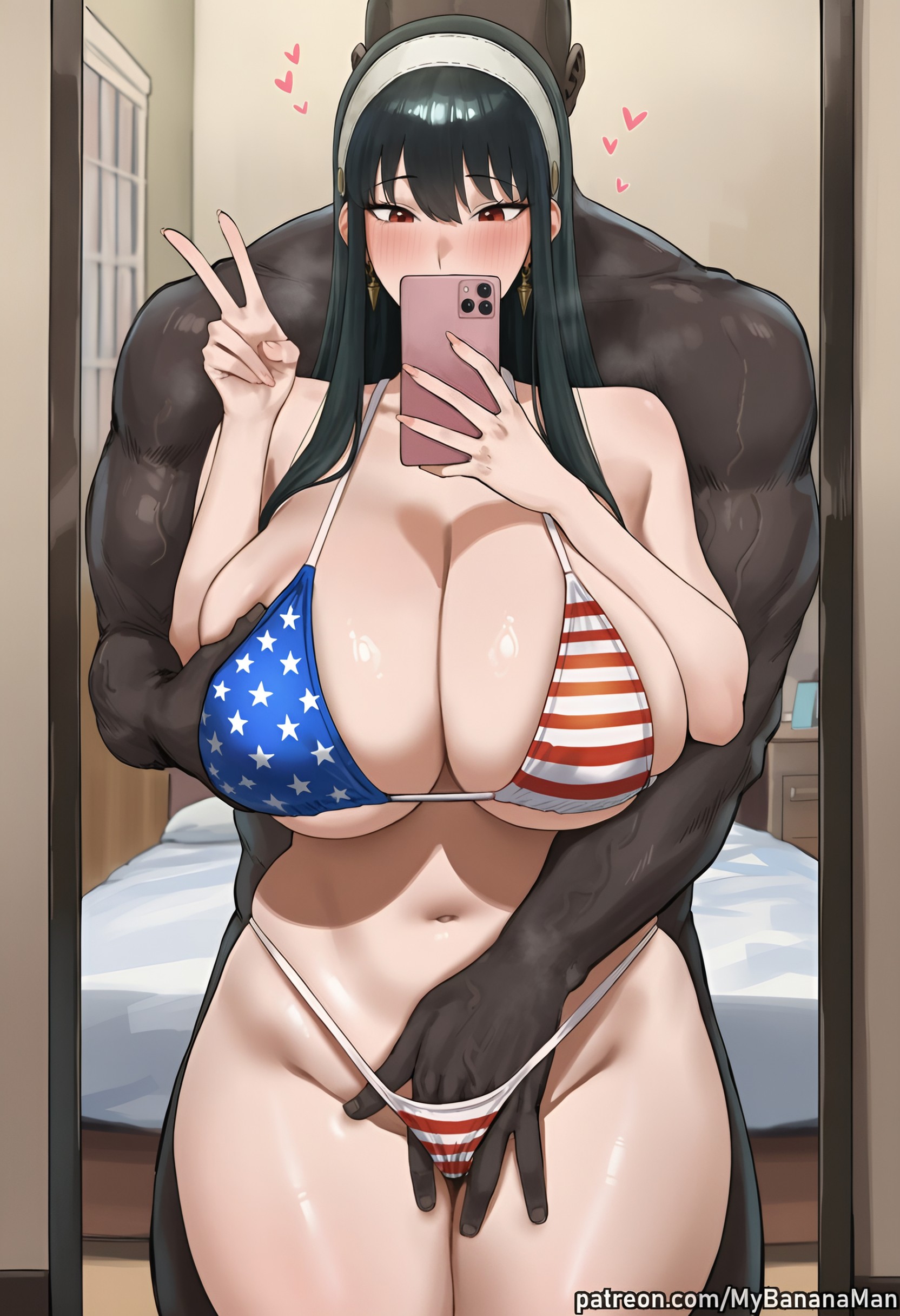 1boy, 1girls, ai generated, alternate breast size, american flag bikini, bedroom, bikini, black hair, blush, breasts, cellphone, cheating, cheating (relationship), cleavage, cuckold, curvy, curvy female, curvy figure, dark skin, dark-skinned male, earrings, erect penis, female, female focus, fingering, flag print, grabbing, grabbing another's breast, grabbing from behind, hairband, hand under clothes, heart, hetero, holding, holding phone, huge breasts, huge cock, indoors, interracial, large breasts, large penis, light skin, light-skinned female, long hair, male, massive breasts, mirror, muscular, muscular male, mybananaman, navel, netorare, ntr, penis, phone, red eyes, selfie, shiny skin, smartphone, solo focus, spy x family, sweat, sweaty, swimsuit, thighs, v, veins, veiny arms, very dark skin, yor briar, yor forger