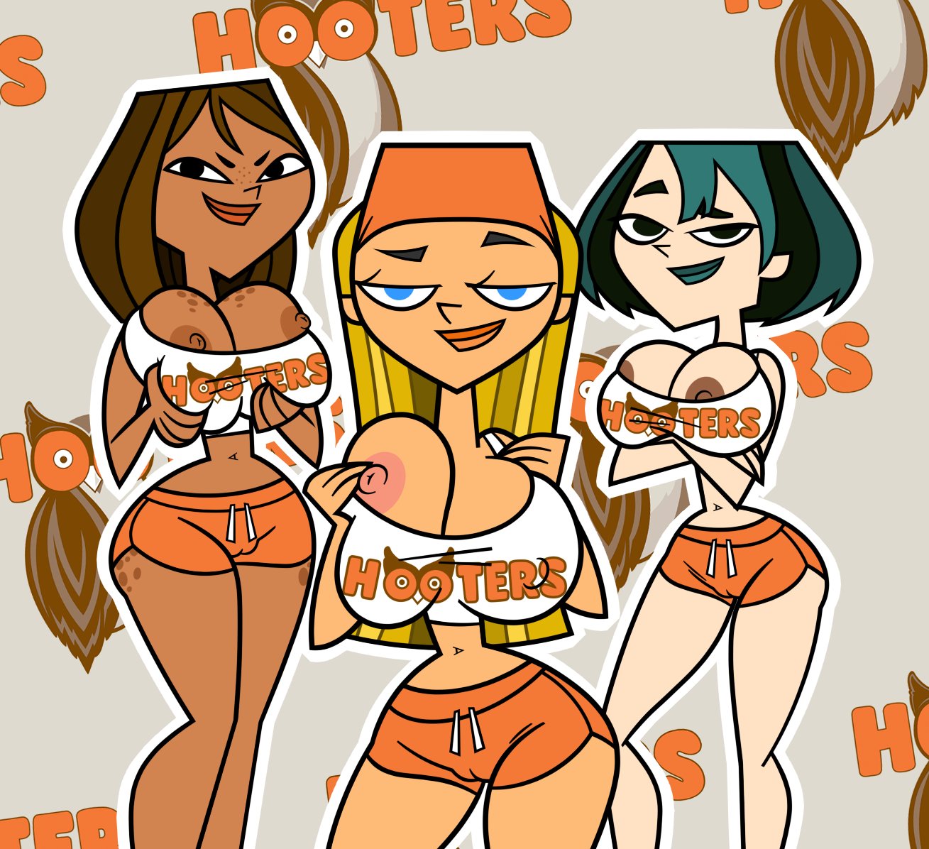 3girls accurate_art_style big_breasts bimbo breasts busty courtney_(tdi) elinor_the_witch ellissummer erect_nipples females females_only goth green_hair gwen_(tdi) hooters hooters_uniform hornyhobbit hourglass_figure huge_breasts large_breasts lindsay_(tdi) looking_at_viewer mother-of-trolls multiple_girls nipples tagme top_heavy total_drama_island wide_hips