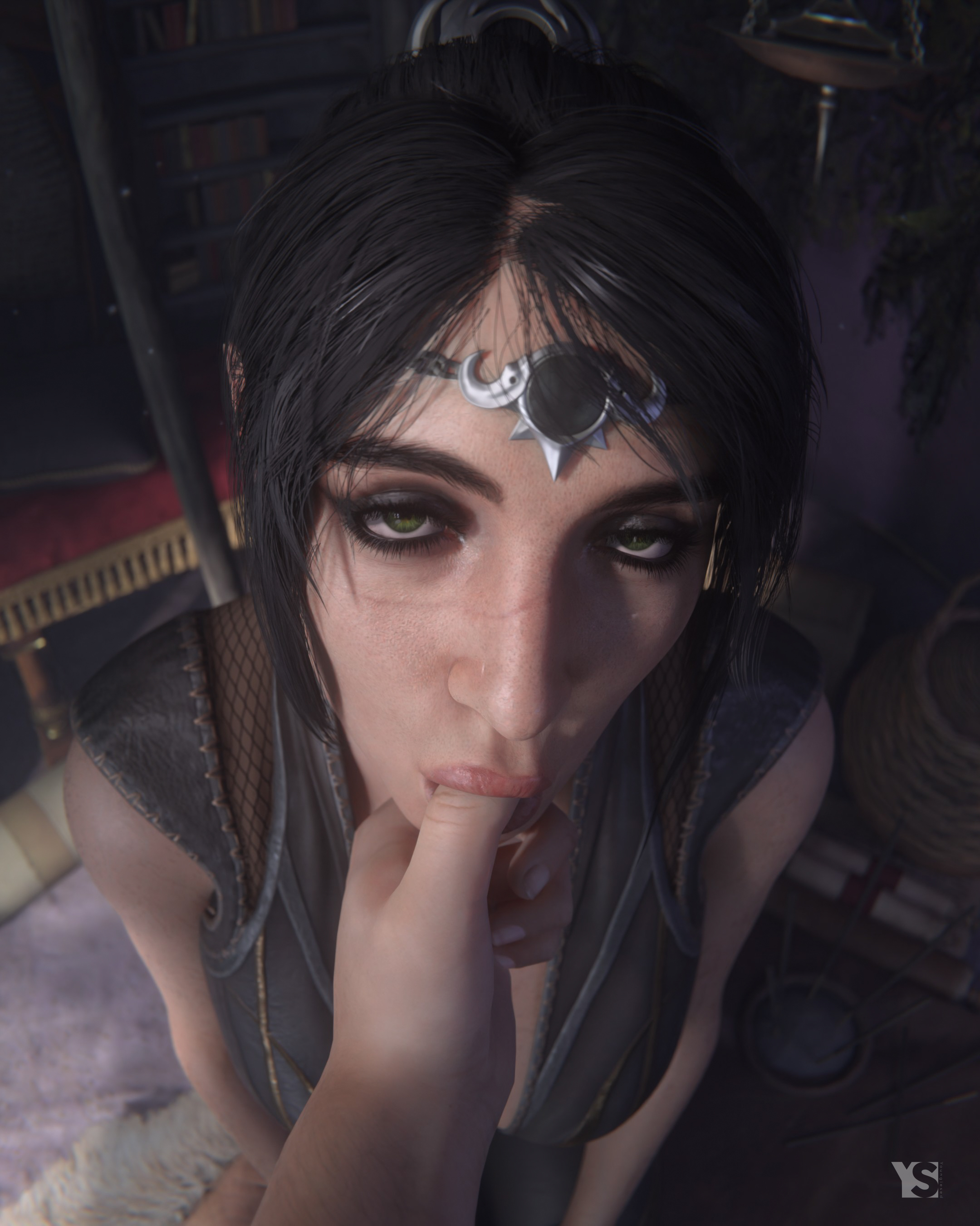 1boy, 1girls, 3d, 3d render, baldur's gate, baldur's gate 3, black hair, braided hair, circlet, elf female, finger in mouth, green eyes, half-closed eyes, male pov, pointy ears, pov eye contact, scar, shadowheart, sucking finger, tent, youngiesed