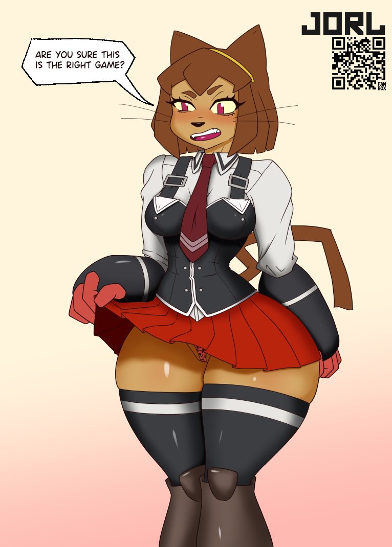 1girls, bible black, black thighhighs, brown hair, cameltoe, cat ears, cat girl, cat nose, cat tail, cat whiskers, catgirl, crossover, dialogue, english text, gameoverse, jorl, kit (gameoverse), kit bodega, leopard print panties, lifting skirt, open mouth, qr code, red iris, red skirt, school uniform, school uniform (bible black), schoolgirl uniform, skirt, skirt lift, skirt lifted by self, small breasts, solo, speech bubble, stockings, teeth, text, text bubble, thighhighs, thighs, tie, weird crossover, yellow eyes