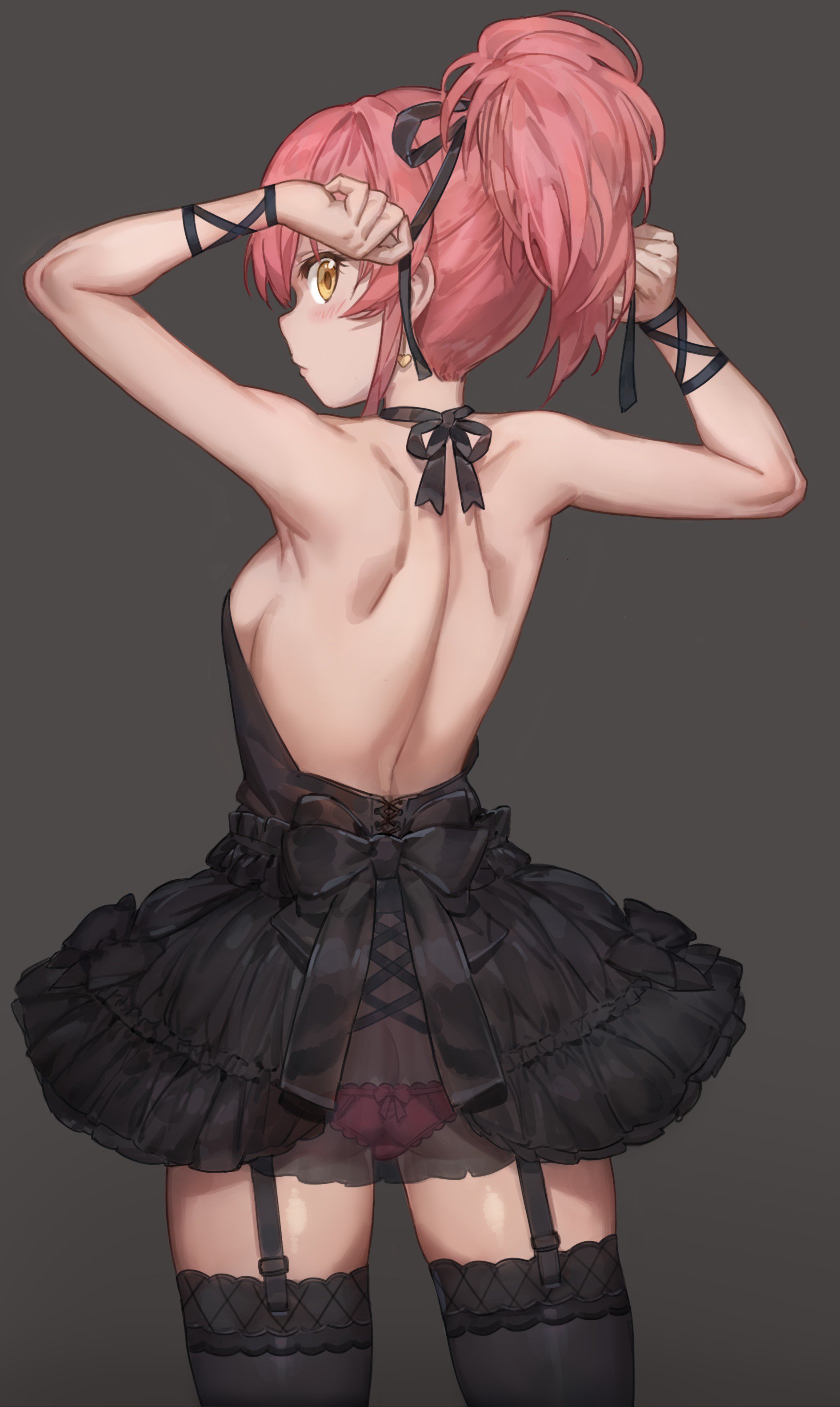 1girls, arms up, ass, ass cleavage, ass crack, backless dress, bare back, bare shoulders, black bow, black dress, blush, bow, breasts, butt crack, dress, female, garter straps, garters, grey background, hair up, idolmaster, idolmaster cinderella girls, jougasaki mika, looking at viewer, looking back, medium breasts, panties, pink hair, pink panties, see-through, short dress, sideboob, sleeveless, solo, thighhighs, underwear, yellow eyes, yohan1754