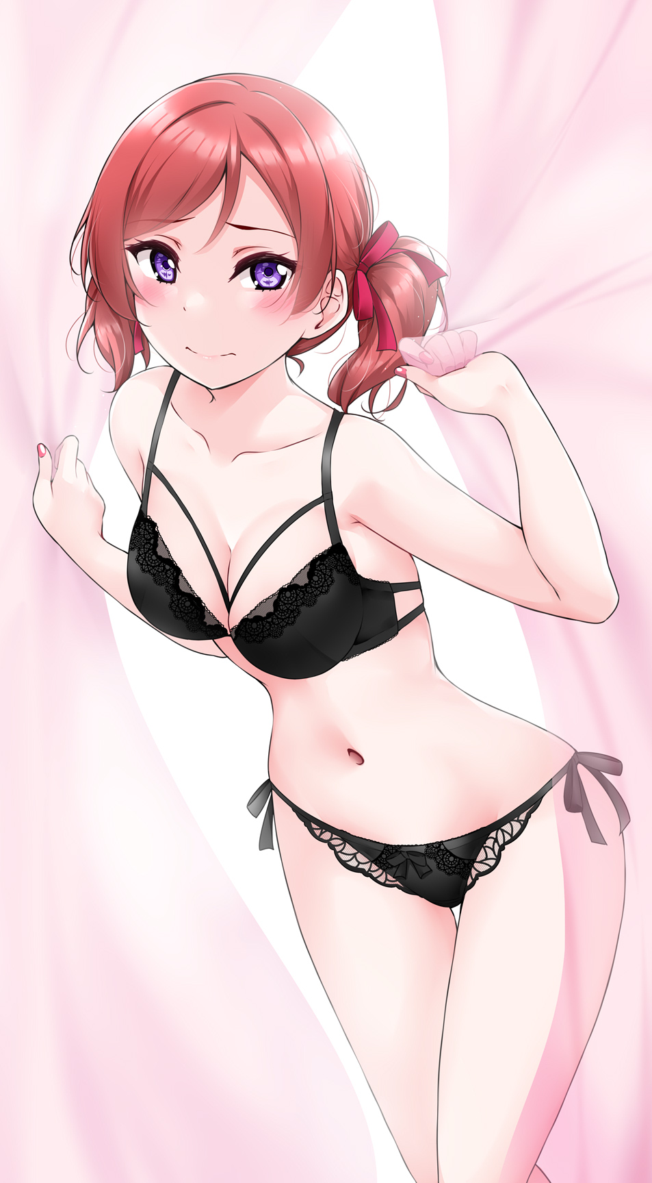 1girls, alternative hairstyle, bare arms, bare legs, bare shoulders, black bra, black panties, blush, bra, breasts, cleavage, clothing, curtains, eyebrows visible through hair, female, hair ribbon, legs together, looking at viewer, love live!, love live! school idol project, matching underwear, medium breasts, navel, nishikino maki, panties, purple eyes, red hair, ribbon, short hair, side-tie panties, solo, thigh gap, twintails, underwear, wide hips, yopparai oni