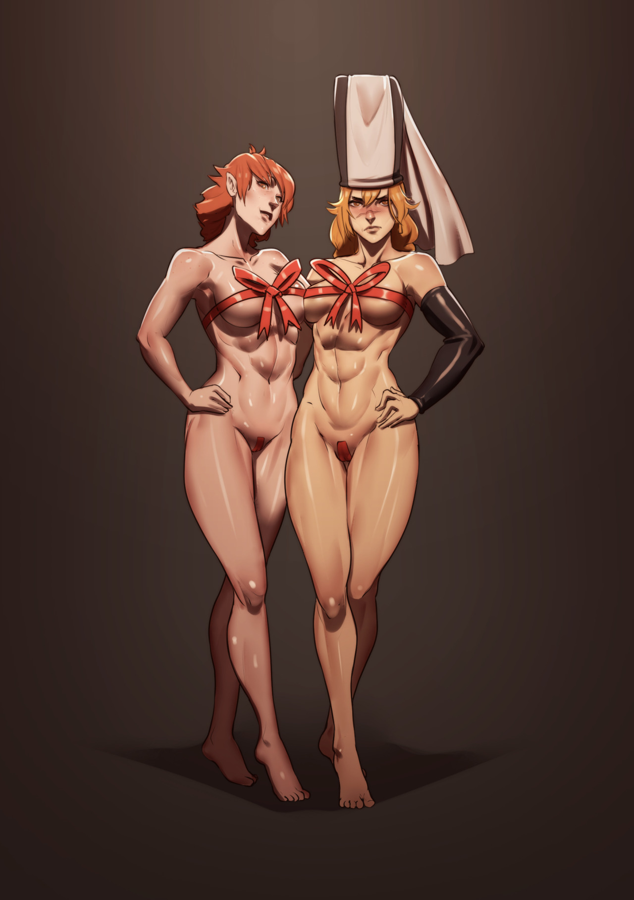 2girls, andavaverse, claudia (andava), female, female focus, glowing eyes, john doe, maebari, red hair, sex, sketch, tagme, vampire