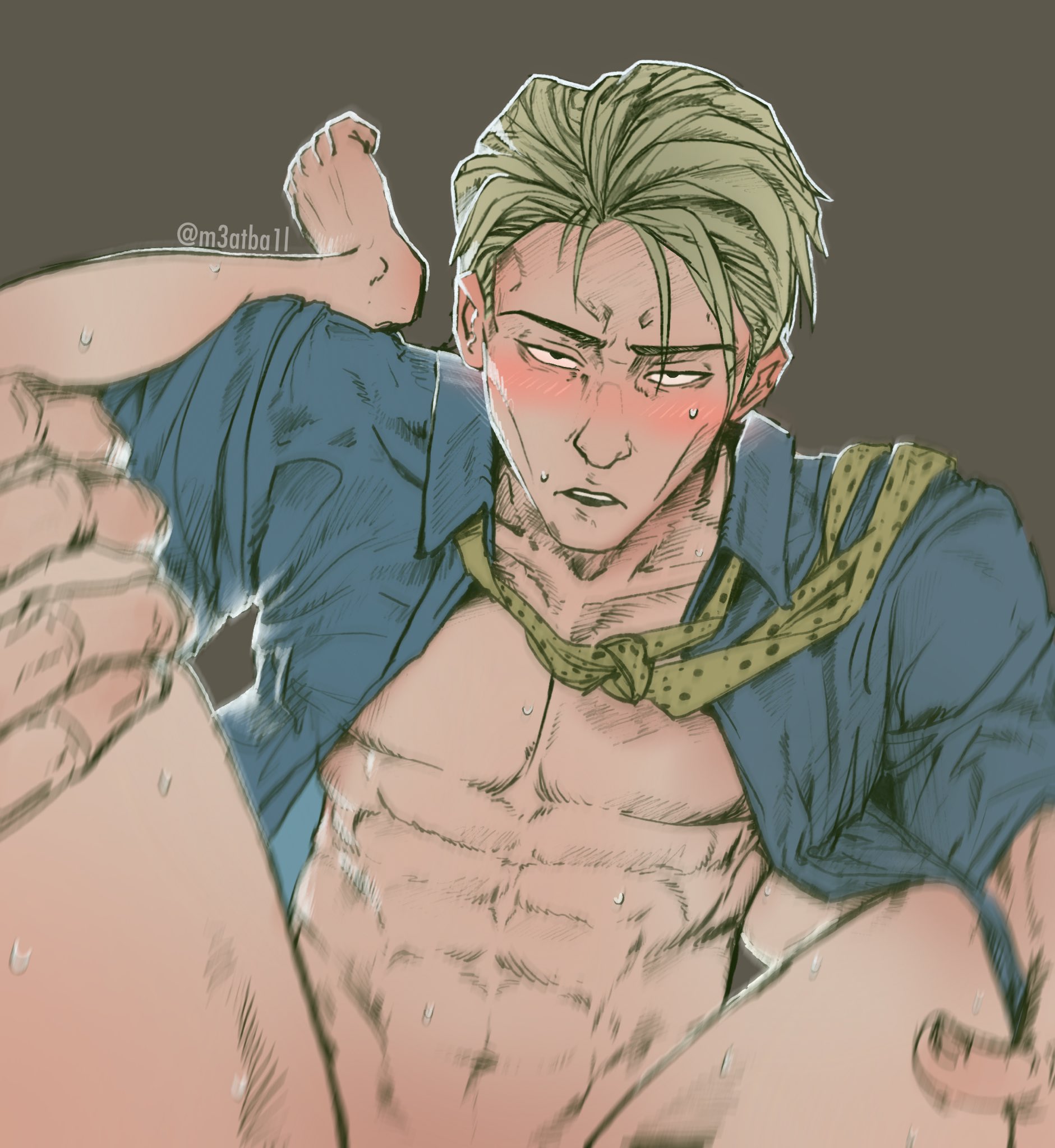 2boys, ambiguous gender, ambiguous penetration, barefoot, blonde hair, blush, clothing, first person view, gay, jujutsu kaisen, kento nanami, legs held open, legs up, m3atba1l, male, male focus, male only, male penetrating, male/ambiguous, multiple boys, multiple males, pov, solo focus, tie, yaoi