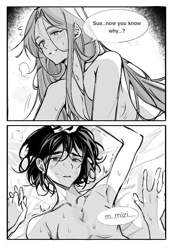2girls, alien stage, blush, breasts, greyscale, long hair, mizi (alien stage), nude, short hair, smile, sua (alien stage), sweat, yuri