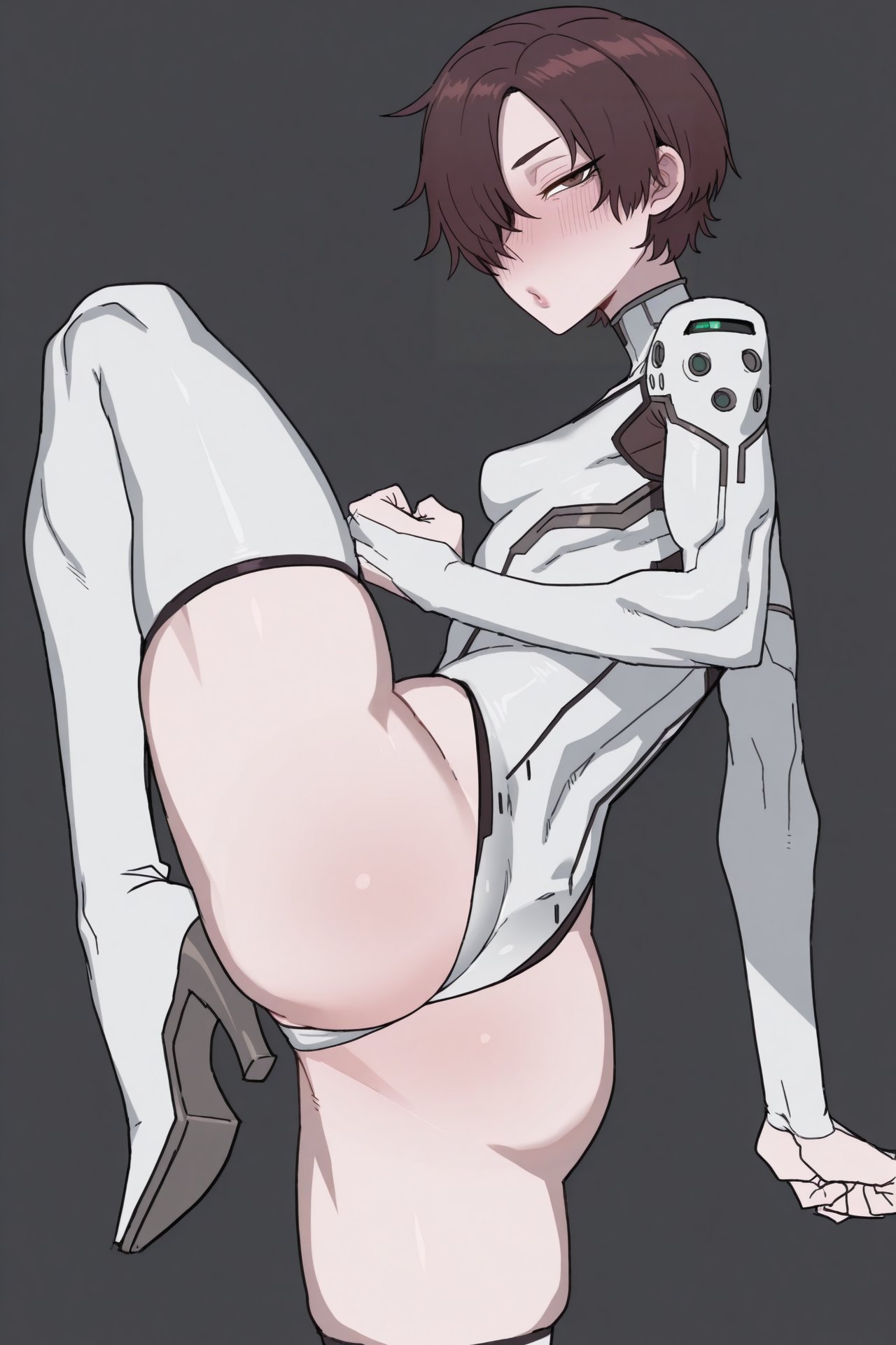 2026, 2d, adapted costume, ai generated, android, ass, blush, bodysuit, brown hair, clenched hands, clothing, digital media (artwork), english commentary, evie (stellar blade), from behind, grey background, half-closed eyes, handwear, hi res, human, legs up, looking at viewer, looking back, open mouth, pale skin, plugsuit, shift up, short hair, skintight, skintight clothing, small breasts, standing on one leg, stellar blade, stellar blade: blood rain, thick thighs, thigh boots, thong leotard, tomboy, usagisanworks, white boots, white leotard