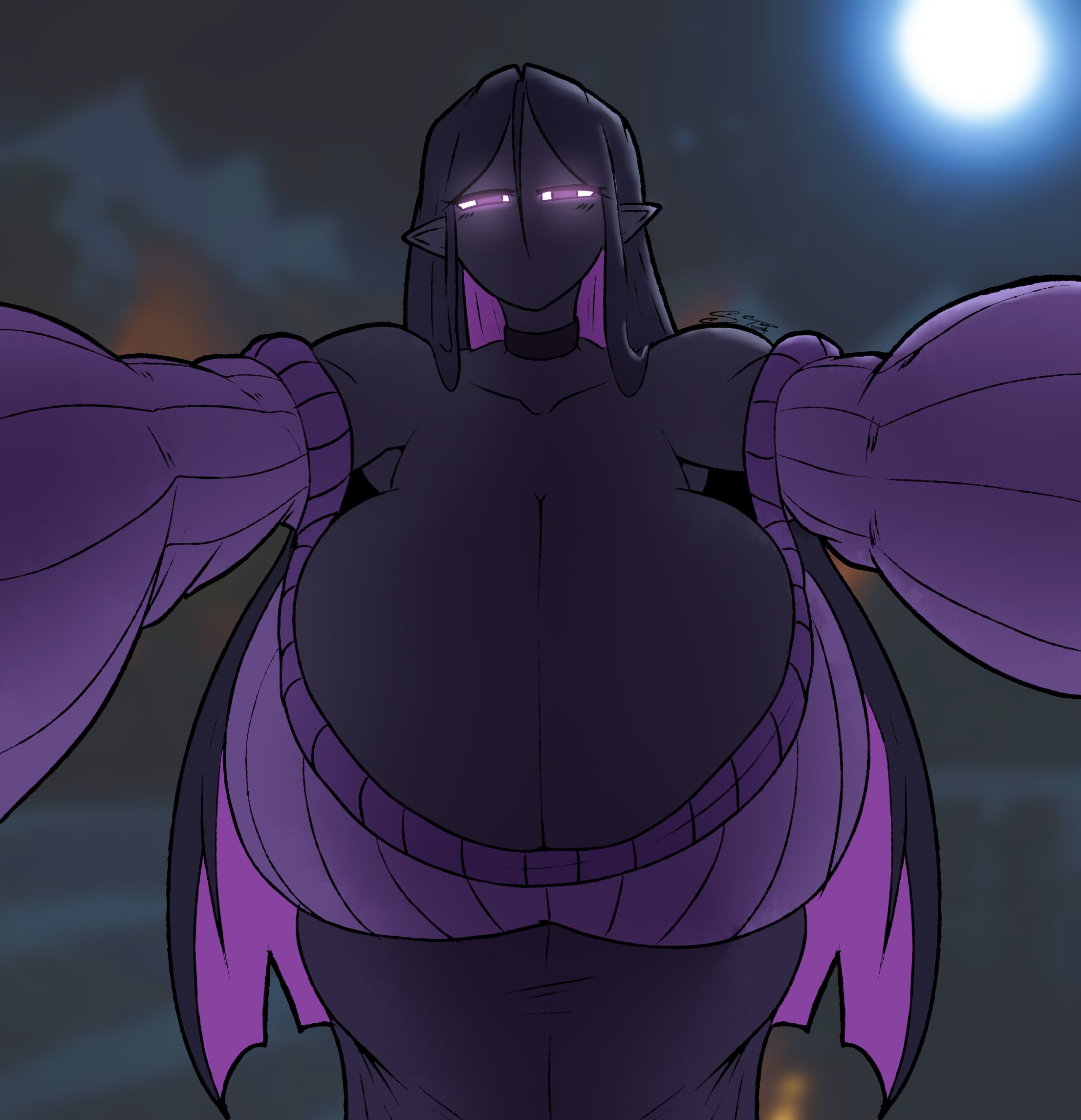 1girls, black body, blurred background, breasts, choker, elf ears, enderman, enderwoman, female, gigantic breasts, looking at viewer, massive breasts, minecraft, monster girl, moon, multicolored hair, night, no mouth, purple eyes, purple sclera, purple sweater, reaching towards viewer, spintopple, viewer pov