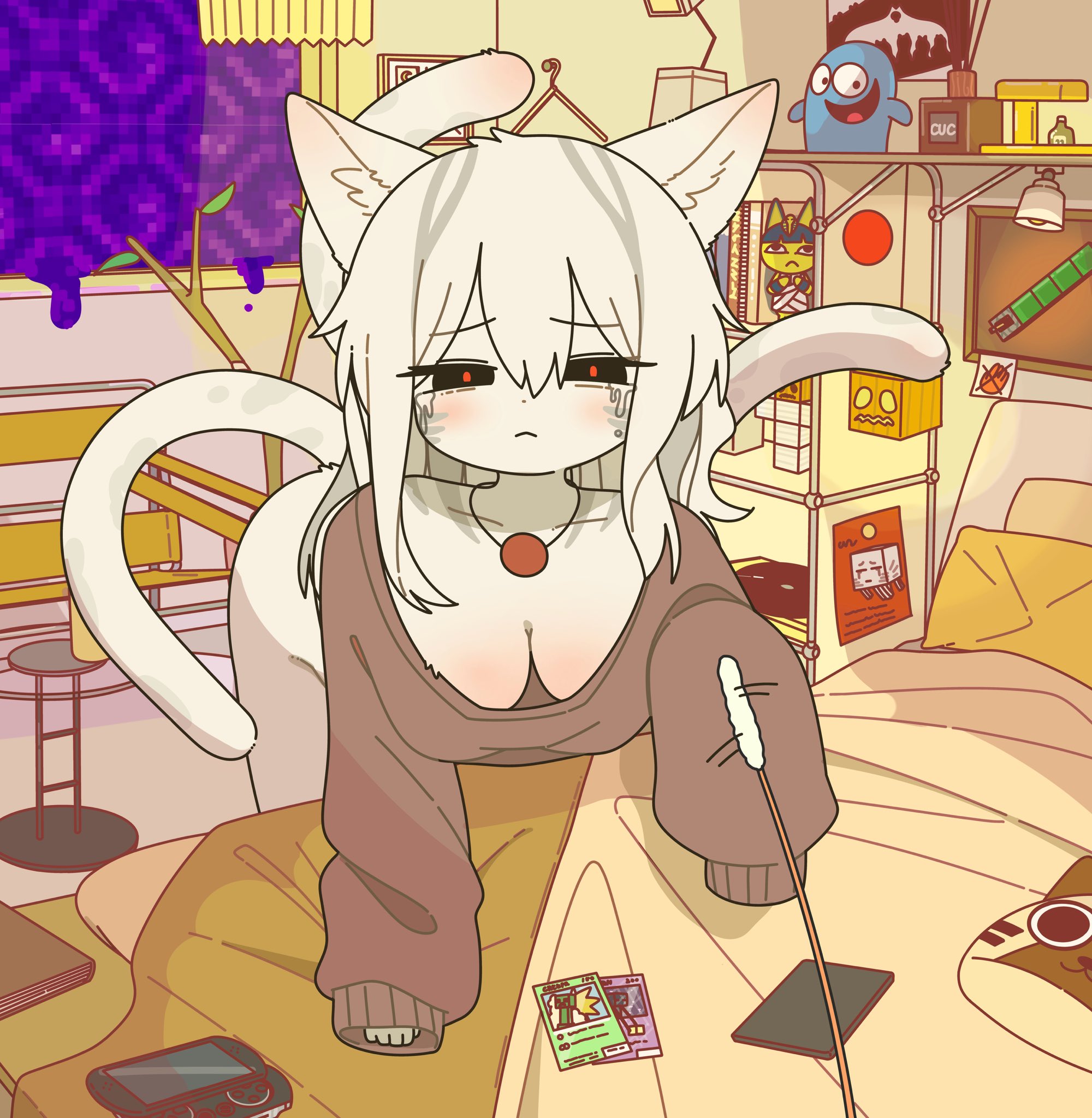 1girls, animal crossing, ankha, ankha (animal crossing), anthro, bed, bloo, bloo (character), blush, blushing, bottomless, bottomless anthro, bottomless female, breasts, cards, cartoon network, creeper, creeper (minecraft), doremifaso64, ear tuft, enderman, felid, feline, felis, female, foster's home for imaginary friends, fur, ghast (minecraft), lamp, looking at viewer, minecraft, mojang, multiple tails, nether portal, nintendo, pillow, solo, solo anthro, solo female, solo focus, tail, tears, white body, white fur, white hair, white tail