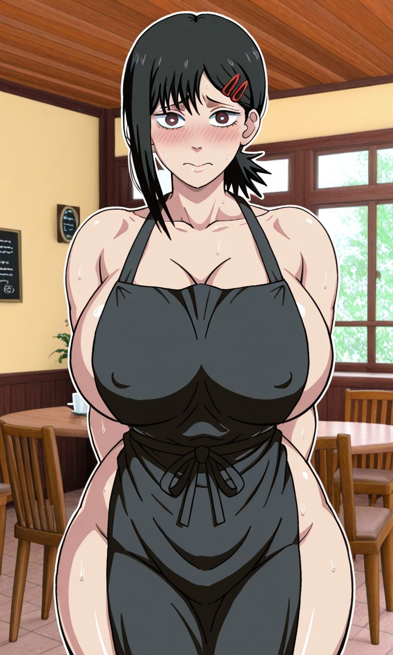 1girls, ai generated, apron, apron only, big boobs, big breasts, black hair, blush, brown eyes, cafe, chainsaw man, curvy, curvy female, curvy figure, curvy thighs, female, female only, higashiyama kobeni, huge breasts, kobeni higashiyama, large breasts, light skin, light-skinned female, looking at viewer, mature female, nervous, shao145, shiny skin, solo, solo female, standing, sweat, sweaty