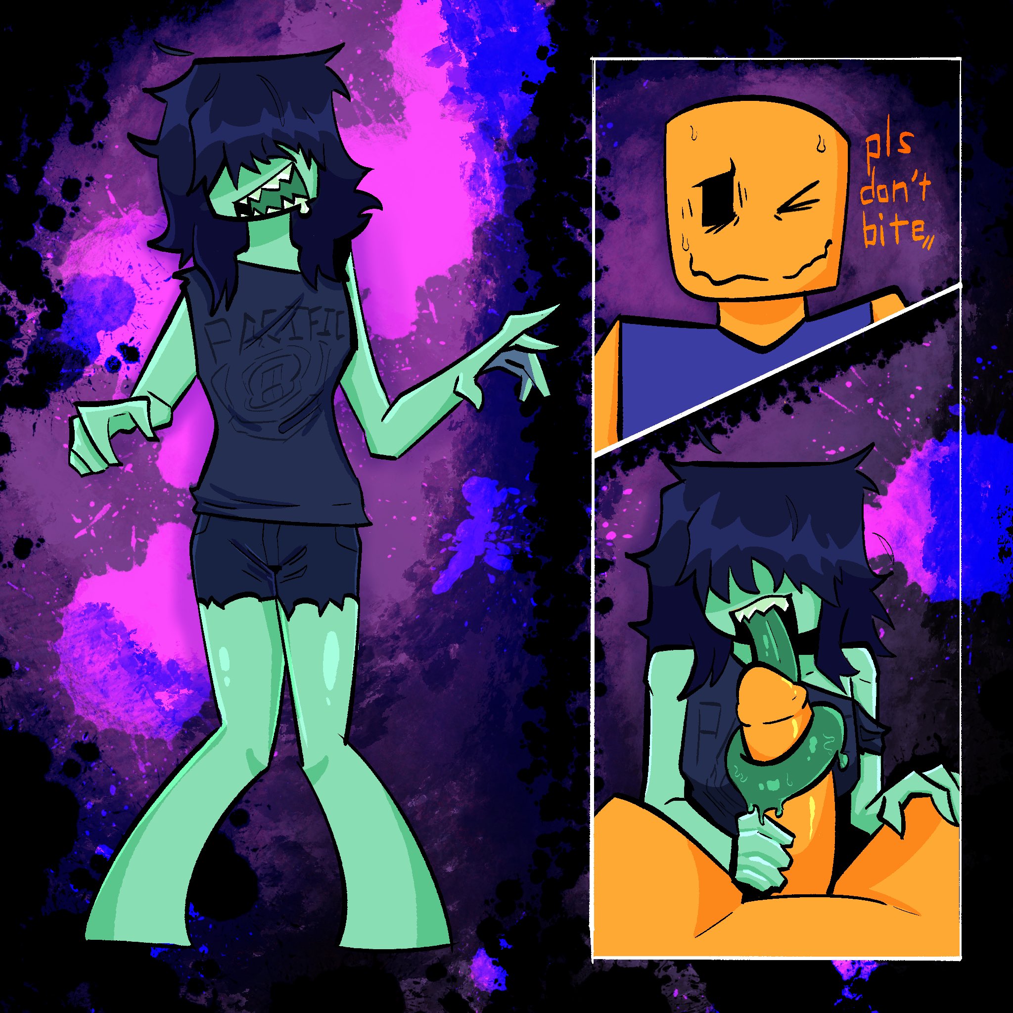 1boy1girl, bald, clothed female, dialogue, female, green skin, hair over eyes, long tongue, male, nervous, nervous smile, noob, noob (roblox), oral, oral sex, roblox, roblox avatar, roblox game, robloxian, teeth, text, tokodama, tongue, tonguejob, yellow skin, zombie, zombie girl