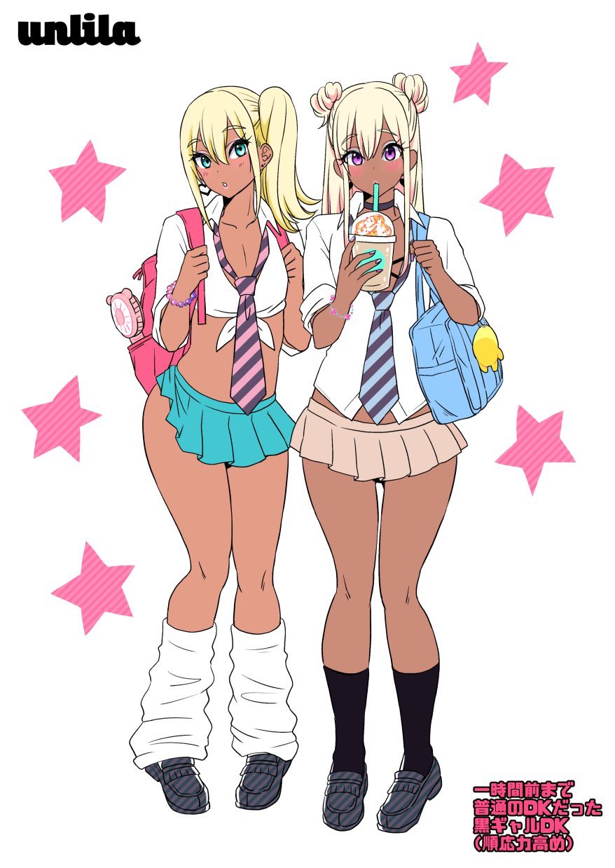 2boys androgynous bimbo black_socks blonde_hair blue_eyes blush buns dark-skinned_femboy dark-skinned_male dark_skin eyeshadow femboy ganguro gyaru gyaru-oh gyaru-oh_femboy heart_earrings japanese_text knee_socks kneehighs kneesocks loafers long_hair loose_socks male_only mascara microskirt nagano_rira necktie original otokonoko pink_nail_polish pink_nails purple_eyes ronako_(nagano_rira) school_bag school_uniform serako_(nagano_rira) skirt socks stars tie trap white_socks