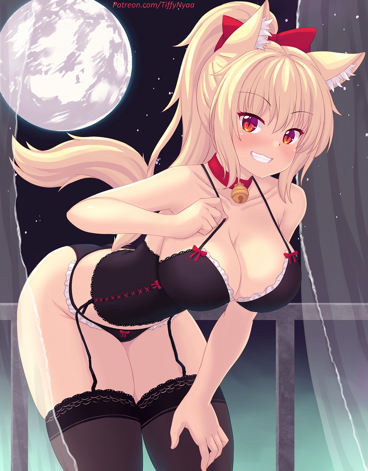 1girls, animal ears, animal tail, bell collar, bent over, black panties, blonde hair, blush, bow panties, breasts, cleavage, collar, eyebrows visible through hair, female, female focus, female only, fox ears, fox girl, fox tail, garter belt, grin, kemonomimi, large breasts, lingerie, night, panties, patreon, ponytail, red eyes, solo, solo focus, standing, stockings, tagme, tail, thick thighs, thighhighs, tiffy, tiffynyaa, underwear, underwear only
