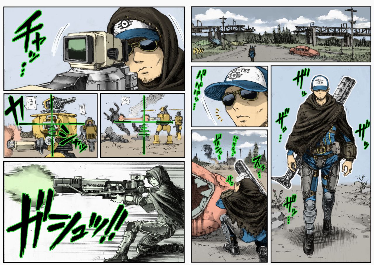 2021, 2d, 2d (artwork), 81boy, aiming, armor, bots, character request, clothing, comic, comic panel, computer, double deck, electronics, fallout, fallout 4, firearm, gauss rifle, gun, human, human male, i, jumpsuit, light skin, light-skinned male, male, male only, metal armor, not porn, outdoors, pale skin, pale-skinned male, panels, pip-boy, questionable, rifle, robot, robots, sfw, shooting, sniper, sniper rifle, sunglasses, vault suit, weapon, white border, wristwear