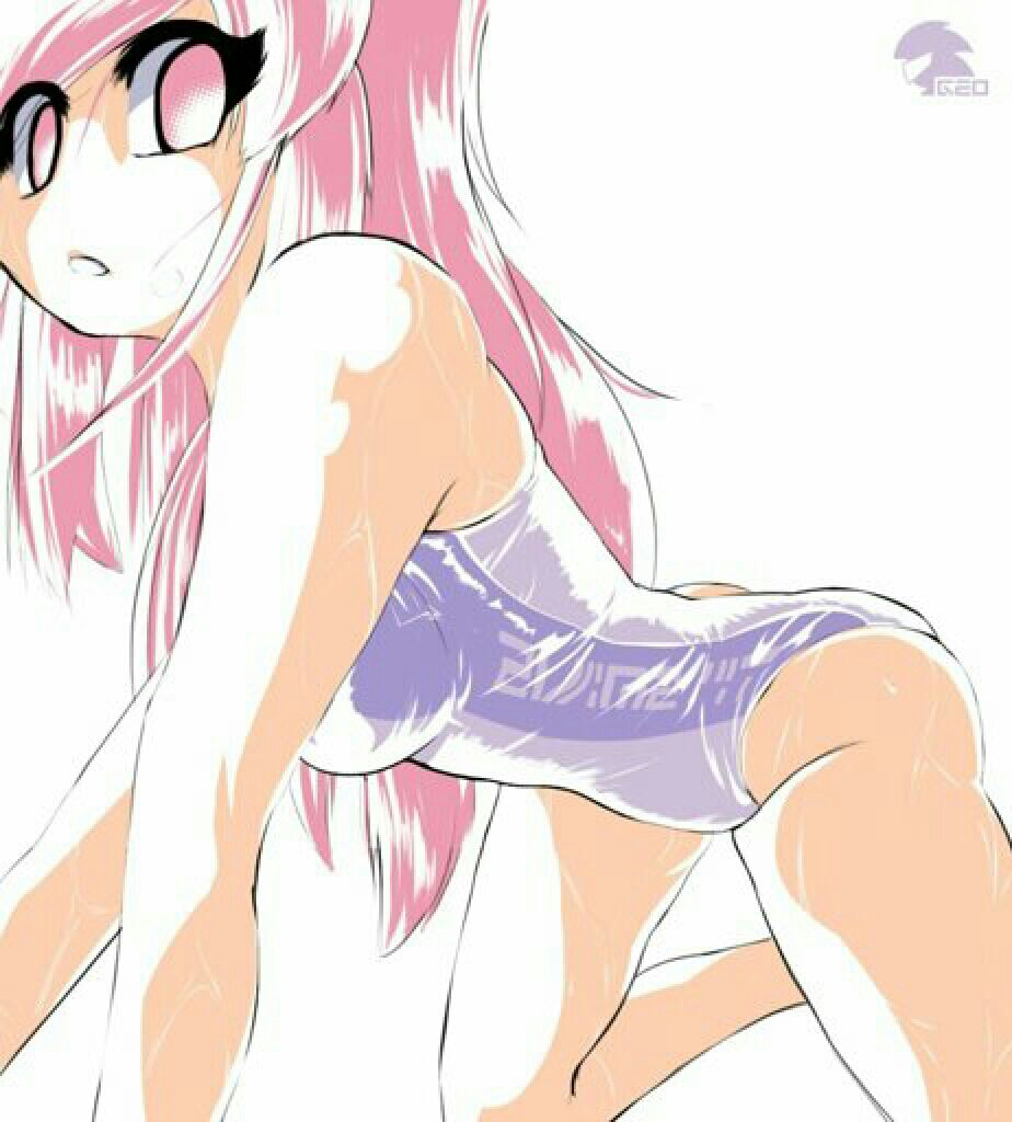 all_fours ami_(gwain_saga) geoexe geoexe_(artist) gwain_saga looking_at_viewer official_art pink_eyes pink_hair swimsuit wet wet_hair wet_swimsuit