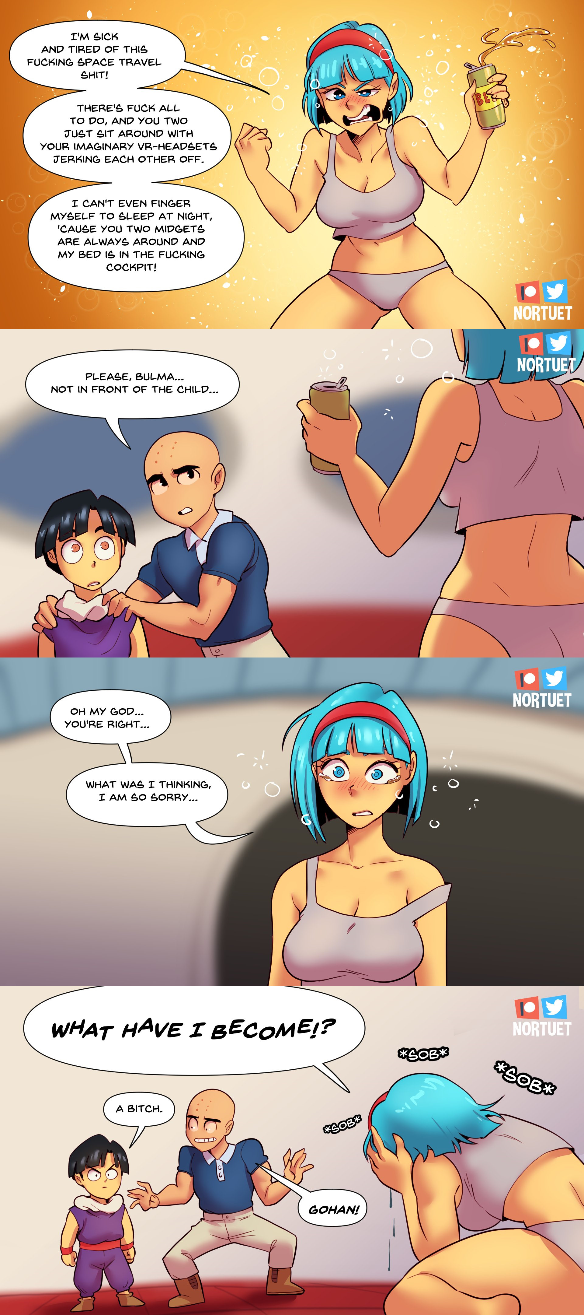 1girls, 2boys, 4koma, alternate breast size, big breasts, breasts, bulma briefs, bulma briefs (frieza saga), cleavage, comic, dragon ball, dragon ball z, drunk, english text, female, funny, humor, krillin, kuririn, large breasts, male, nortuet, profanity, sad, shounen jump, son gohan, underwear, underwear only