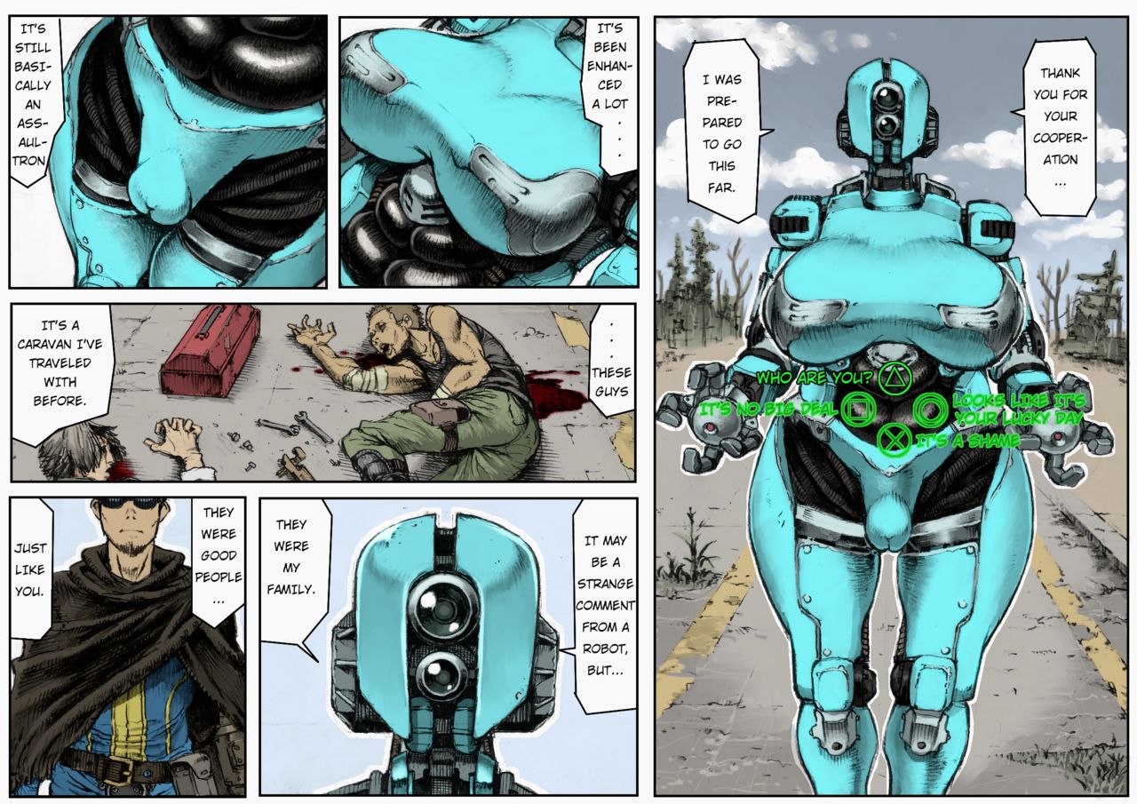 1boy, 1girls, 2018, ada (fallout), ass, assaultron, breasts, bubble ass, bubble butt, bulge, comic, dialogue, double deck, english text, erection, erection under clothes, fallout, fallout 4, female, front view, human, large breasts, machine, male, nude, outdoors, pussy, robot, sole survivor, sole survivor (male), standing, text, thick thighs, translated, video games, voluptuous, vulva, wide hips