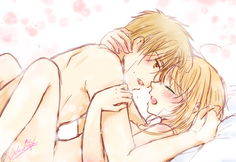 1boy 1boy1girl 1girls 2021 arm_around_neck blonde_hair brown_eyes brown_hair canon_couple cardcaptor_sakura closed_eyes completely_nude couple female from_side half-closed_eyes hetero hetero_sex heterosexual human human_only implied_sex kanaoto_neiro lying male male_and_female_focus missionary nude on_back open_mouth romantic romantic_ambiance romantic_couple romantic_sex sakura_kinomoto saliva saliva_trail short_hair_with_long_locks shoulder_blades sidelocks sketch straight straight_sex syaoran_li tears wholesome young