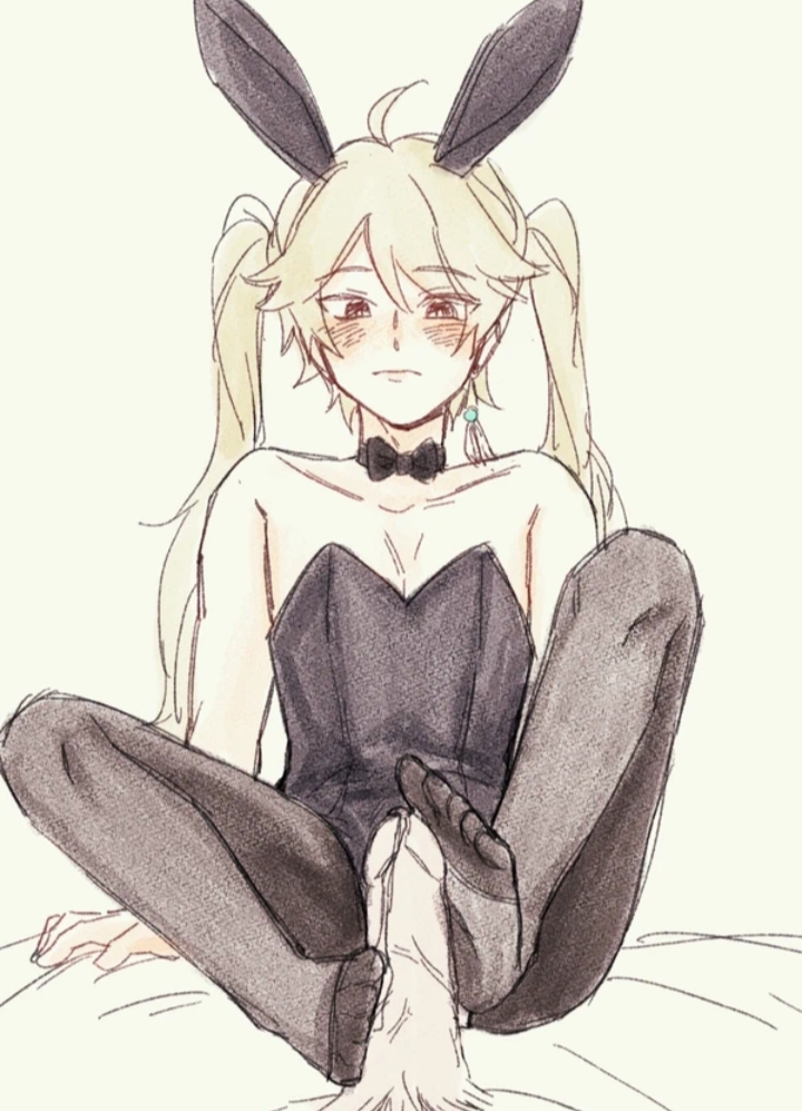 2boys, aether (genshin impact), blonde hair, bunny ears, bunnysuit, feet, femboy, footjob, genshin impact, male, male only, twintails, yaoi